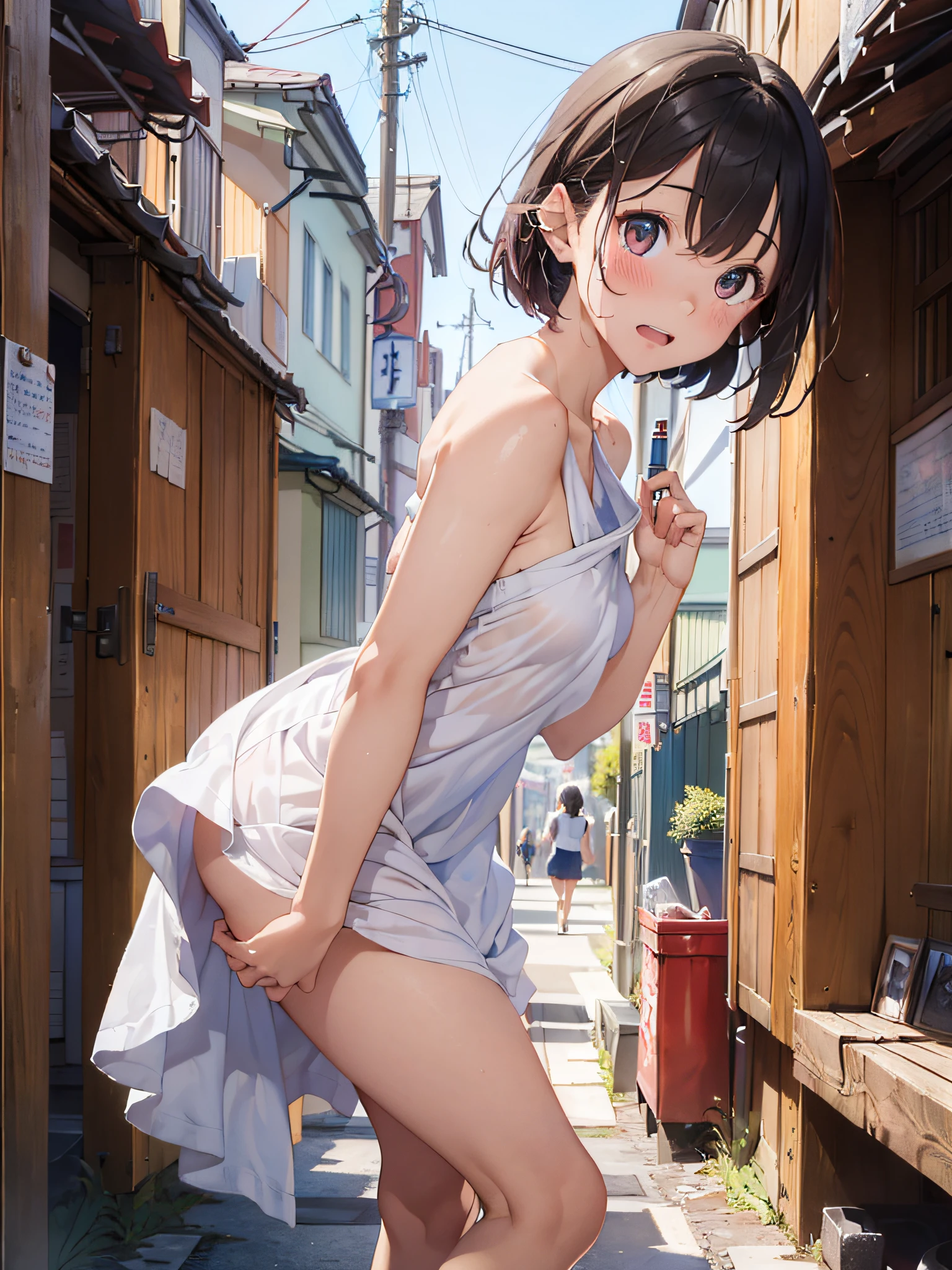 (masterpiece:2.0), (top-quality:2.0), (Very short length dress with white tube top made of towel:1.5), (View from the side:1.5), (Perfect exposed shoulders:1.5), (Perfect exposed nape:1.5), (Super Sexy Pose:1.5), (blushed face:1.3), (barechested:1.3), (Realistic:1.5), 1 , Precise little hands, Embarrassed look, Embarrassing face to see me, Open mouth, a very pretty girl, Innocent face, Young Face, Clear eyes, Shining eyes, shoulders can be seen, tiny chest, thigh visible, No pubic hair, Dynamic Posing, Beautiful skins, ultra-definition, Top resolution, Japan High School Student, Brown hair