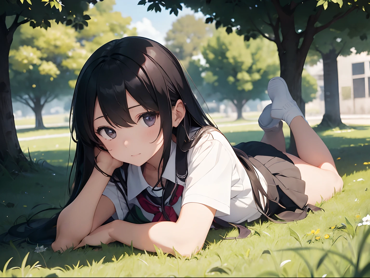 anime girl in school uniform lying on her stomach on grass