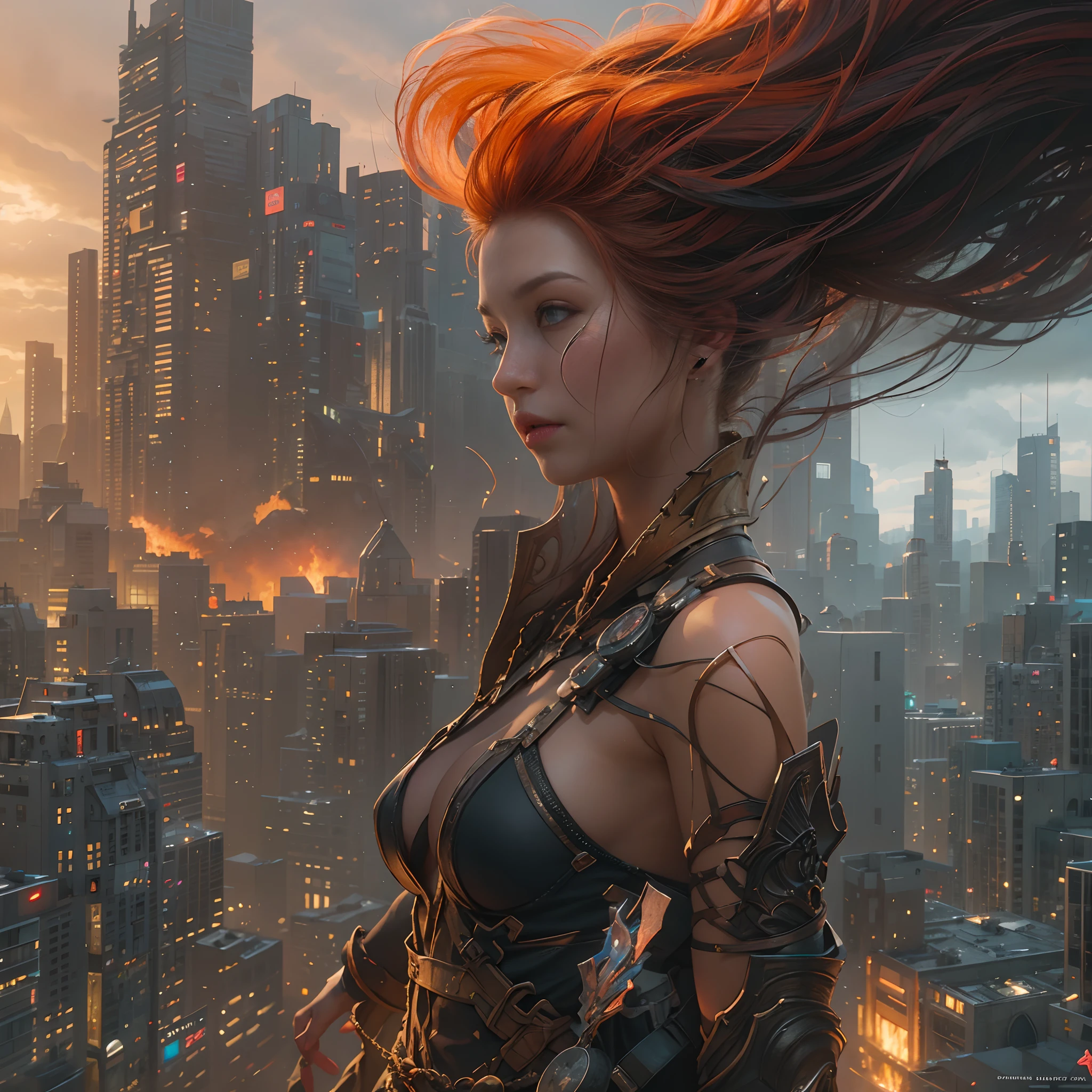 8k, top-quality, （pubic hair beauty）、hight resolution, realisticlying, realperson, Woman in the City of Fire, concept art inspired by Aleksi Briclot, cg society contest winner, Fantasy Art, fantastic screenshot art, epic digital concept art, 8K HD Concept Art, cg art, 3 d render and matte painting, 4K concept art, 4K concept art, sci fi epic digital art, 4K resolution concept art