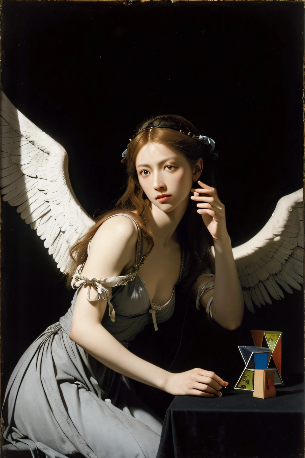 Melancholia I,Albrecht Dürer,Rubik's Square,Geometry,Beautuful Women,dark backgrounds,Chiaroscuro of Caravaggio,Woman with angel wings