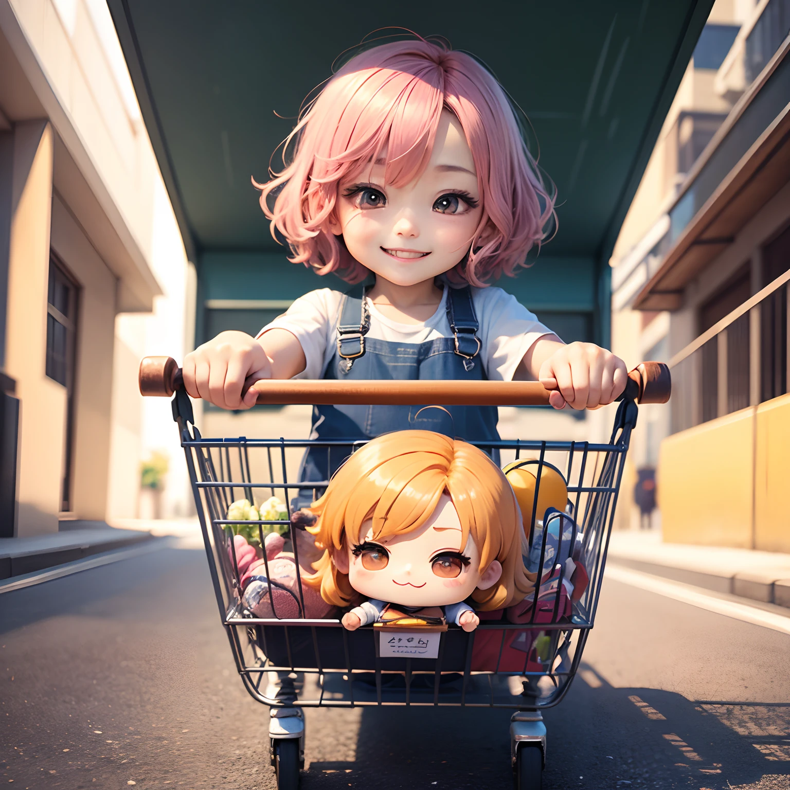 masterpiece、top-quality、ultra-detailliert、(Chibi Chara:1.2)、shopping cart、Bursting smile、Lombard Street、put both hands on the🙌