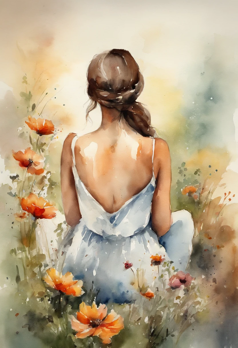 Woman in a sitting position, morena, seen from behind, Wildflowers in her hands, The color scheme is bright, Vintage & Retro Style