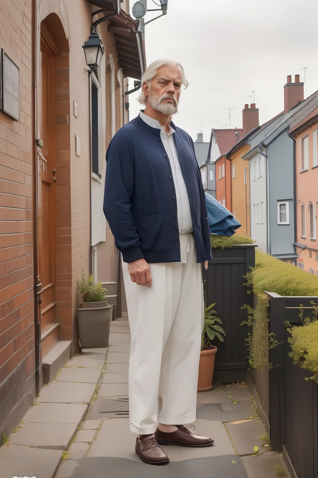 year: 2023. Location: Sweden. Pre-Raphaelite, 59-year-old man, ((clean classic look)), ((grumpy)) ((strict)), watching a cat, standing in the street, terraced houses, ((((Clothing from the 2020s)))) ((Hairstyle of the 2020s)), (((in the style of "OMITB")))