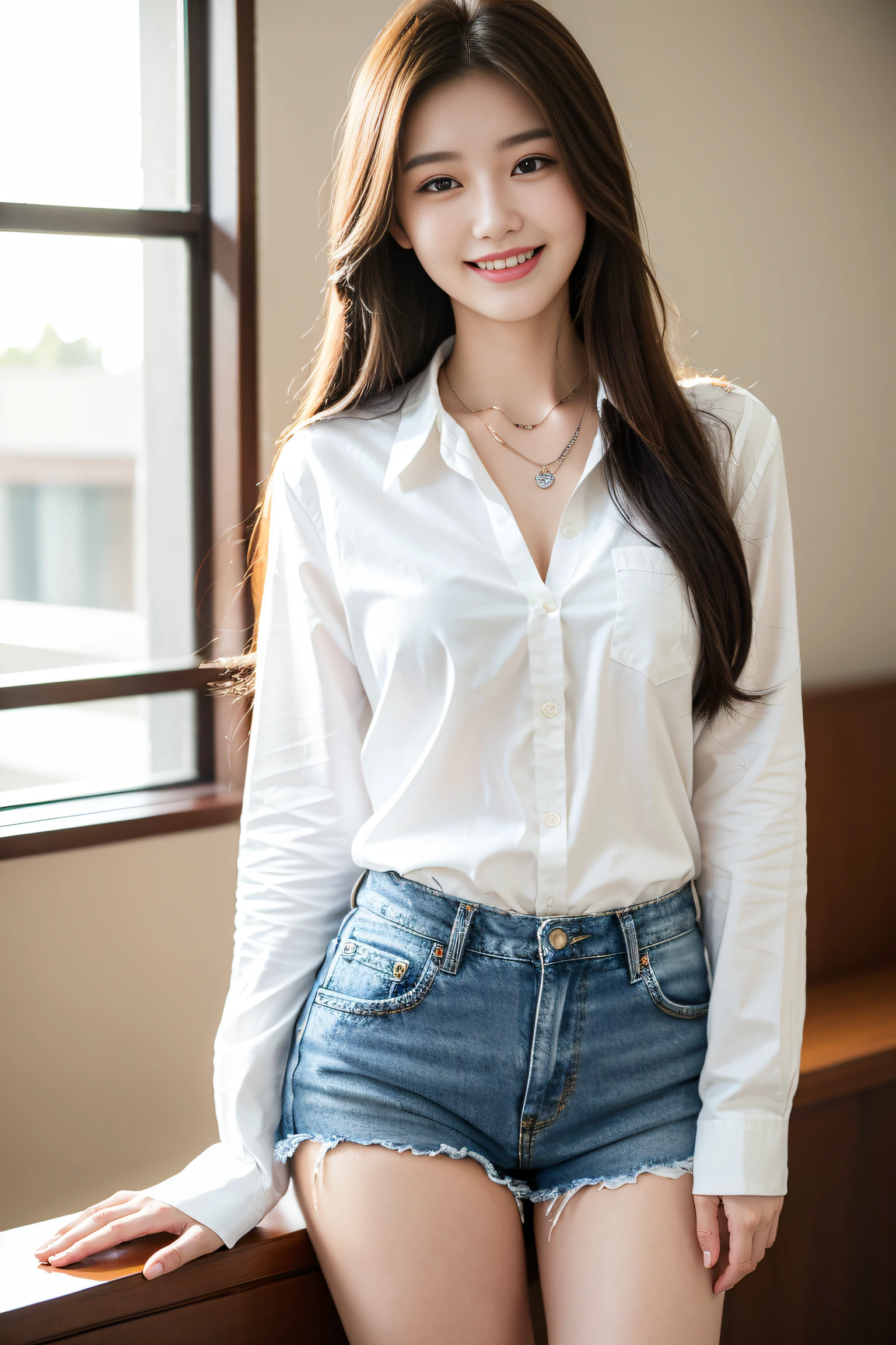 (Best quality, Complex details: 1.2,Realistic:1.2) ,A girl\(22 years old\),[Liu Yifei:0.9],(women's long sleeves collared shirt ,necklace),[[Denim shorts]],long hair, grin,stand,white skin:1.2,living room,