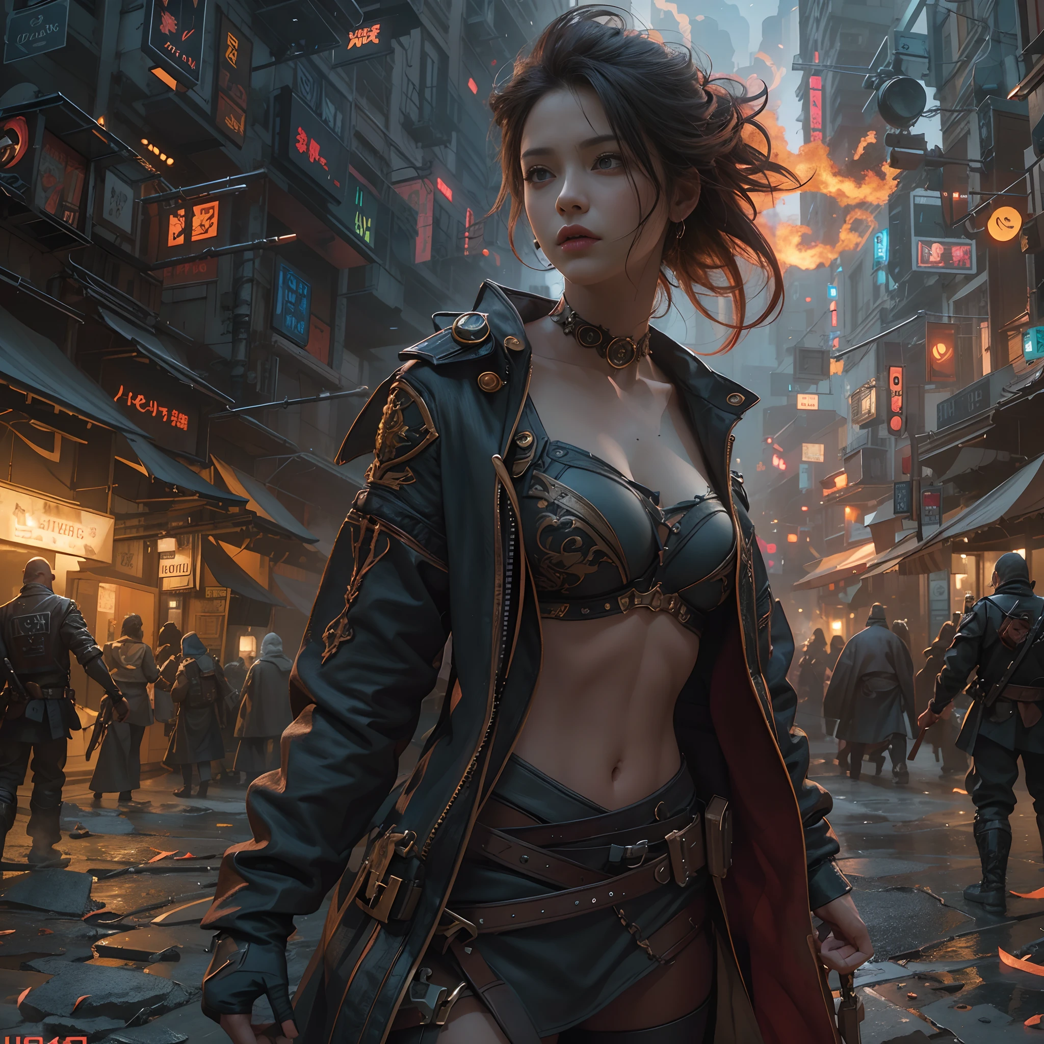 8k, top-quality, （pubic hair beauty）、hight resolution, realisticlying, realperson, Woman in the City of Fire, concept art inspired by Aleksi Briclot, cg society contest winner, Fantasy Art, fantastic screenshot art, epic digital concept art, 8K HD Concept Art, cg art, 3 d render and matte painting, 4K concept art, 4K concept art, sci fi epic digital art, 4K resolution concept art