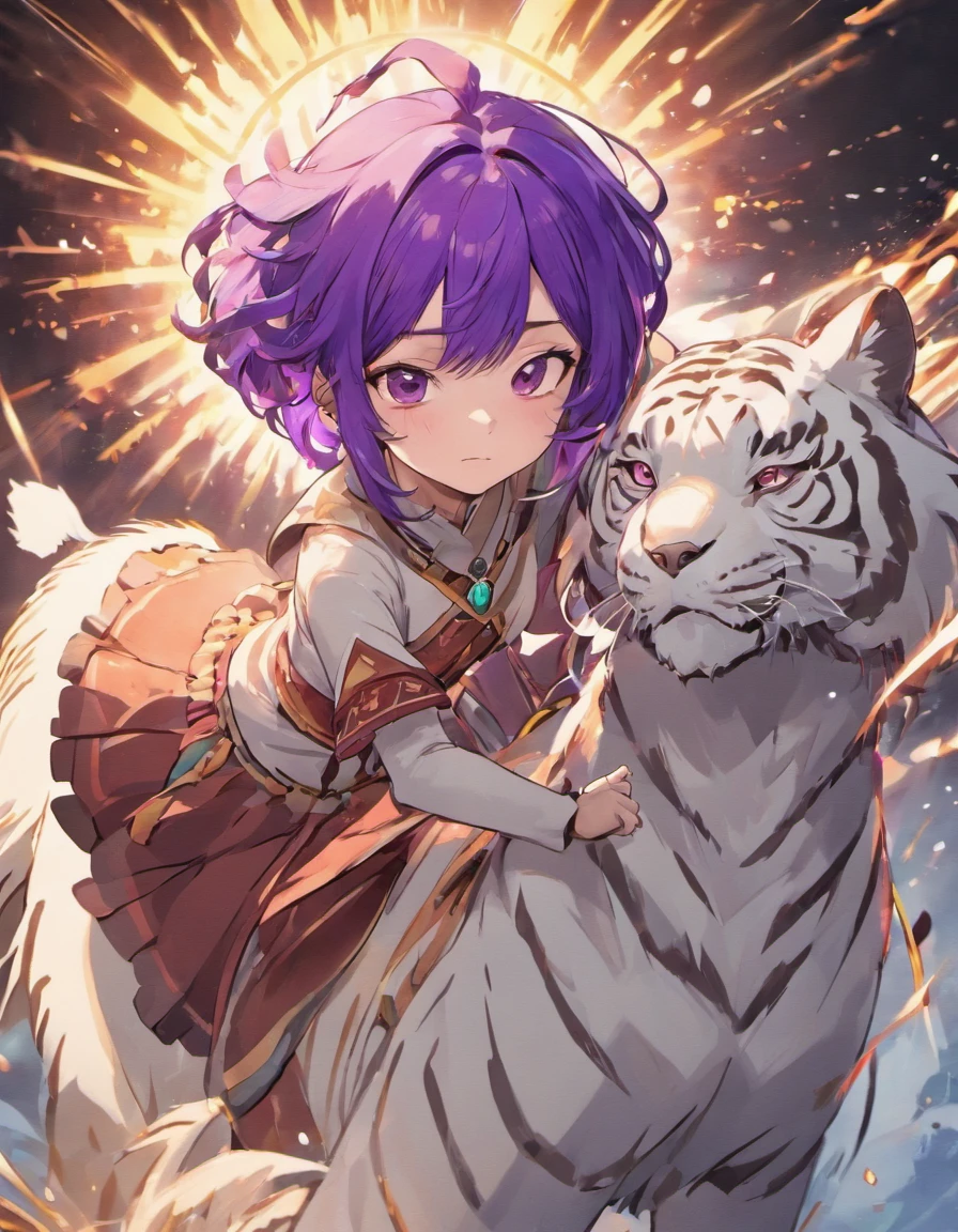 Native American woman with purple hair and dark brown eyes riding a white tiger