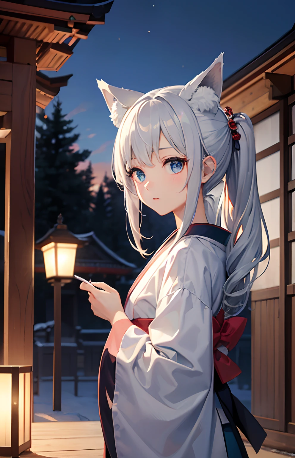 ​masterpiece,Top image quality,hight resolution,imagem 4k,Raw photo,Photorealsitic,{Solo},teens girl,Embarrassment,silber hair,stare at each other,Crimson Hakama,Blue eyes,小柄,Silver fox ears,Fox tail,shrine maiden,boyish,salon,hime-cut,inside in room