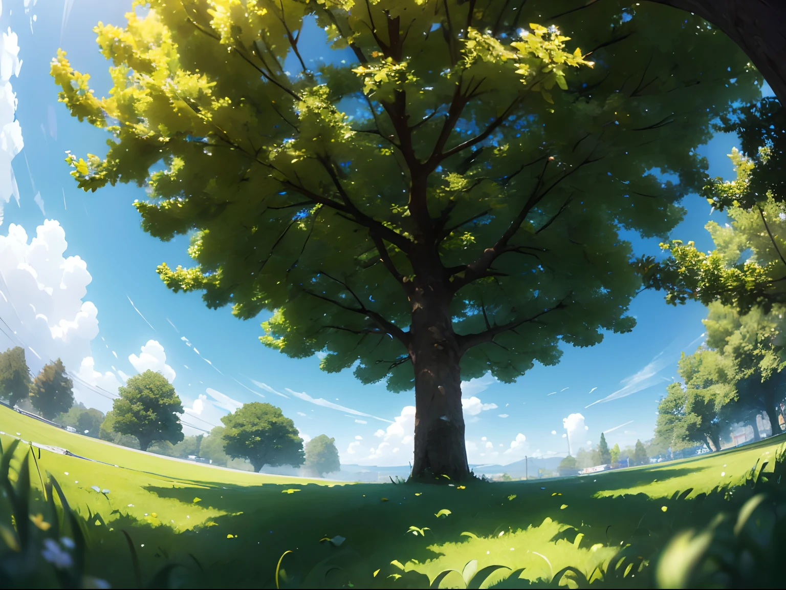 grass in shade under a treee, ((wide shot)), ((wide angle)), ((view from ground))