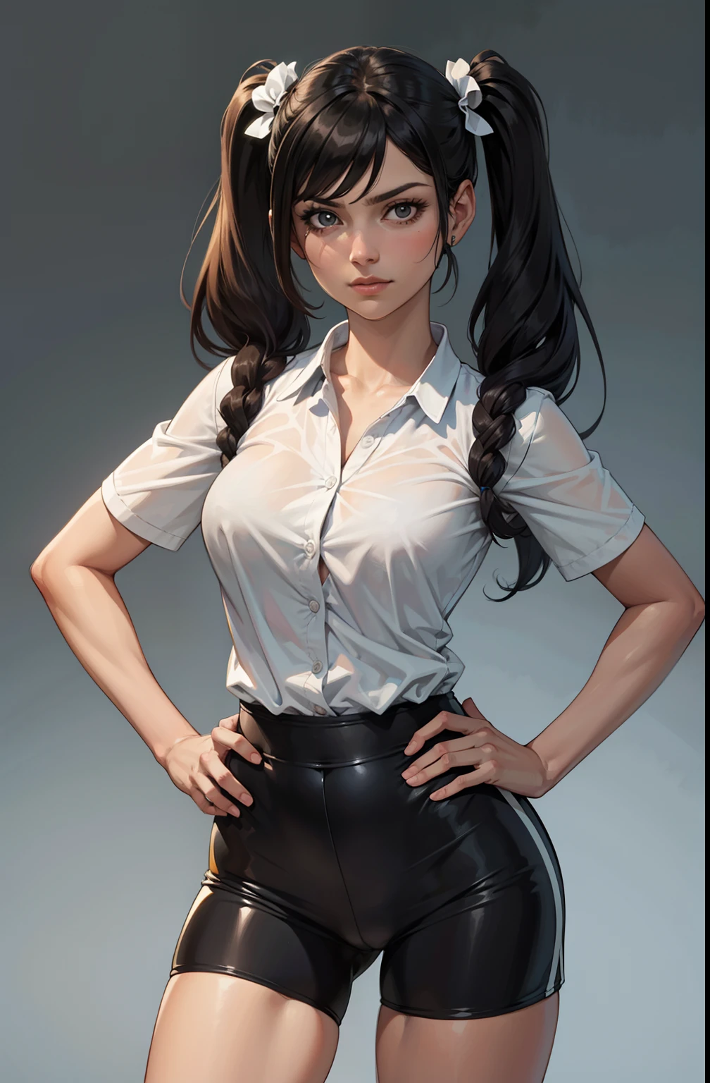 obra-prima, melhor qualidade, highres, 1girl, solo, olhos azuis, cabelo preto, twintails, luvas pretas, bike_shorts, franja, camisa branca, distintivo, middlebreasts, tiro de cowboy, franzir a testa, hand on hip, inclinando-se para a frente, apontando para o espectador,