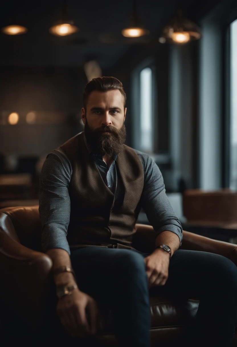 Portrait of a 32 year old man sitting on chair on million dollar office with a beard