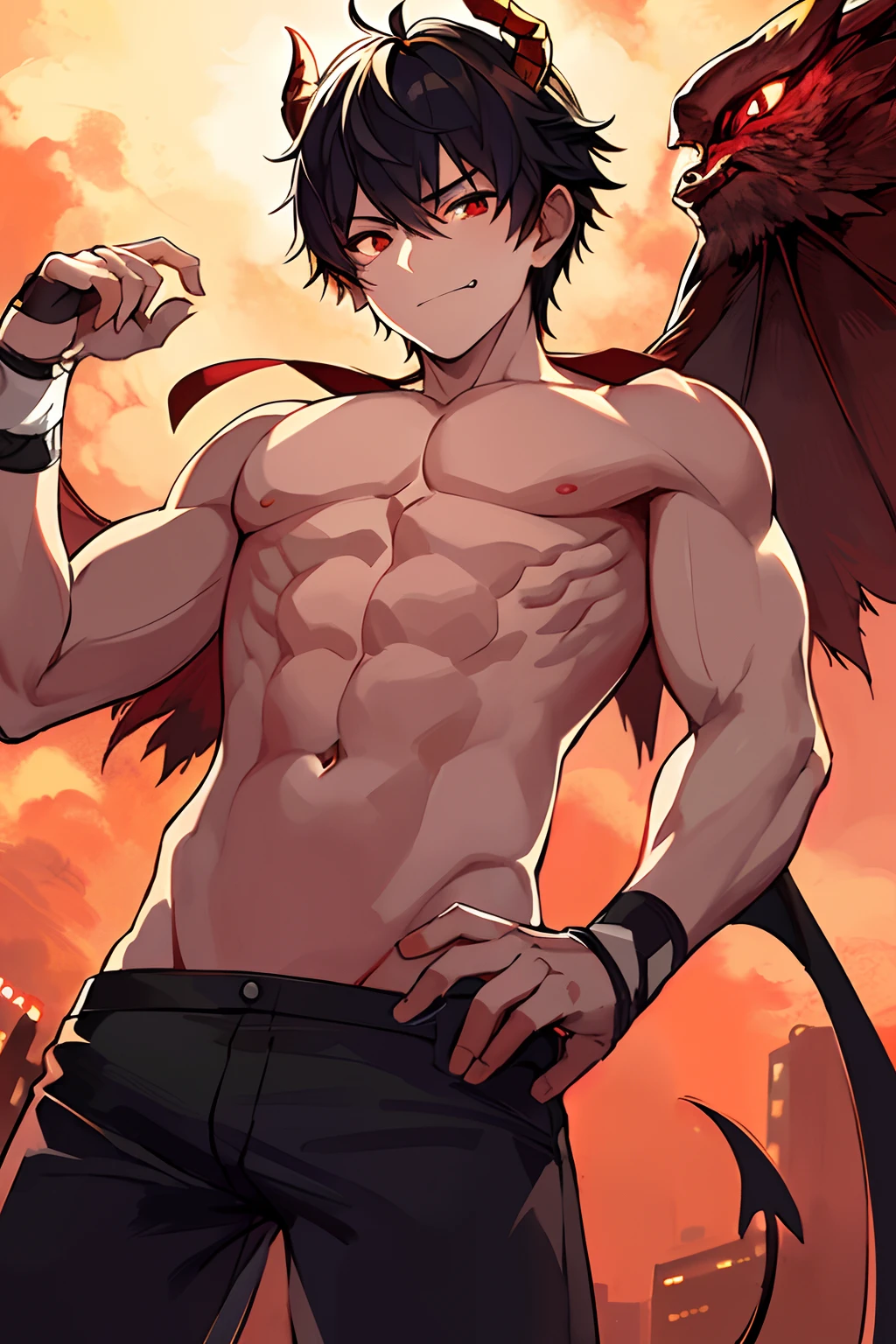 1boy, Solo, muscular, muscular, Red Eyes, Medium Hair, Black hair, Man with horns on his head, Demon lord who fits male demons with white horns, oni horns, with horns, Red skin, Best Quality, High quality, masutepiece, professional novel illustration, ((20yr old)), Thin, Happy, (((From below)))gold,Feathered