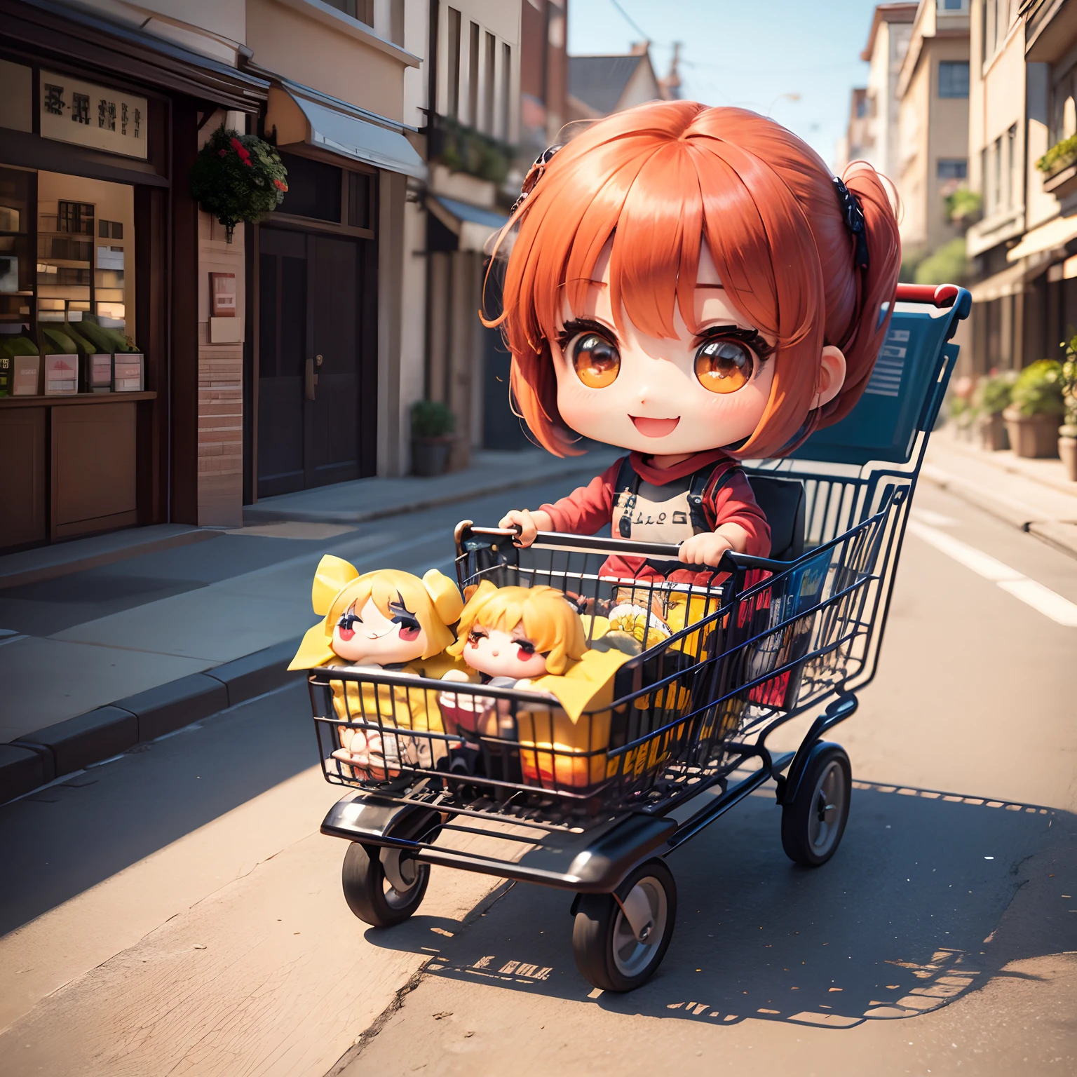 ​masterpiece、top-quality、ultra-detailliert、(Chibi Chara:1.2)、shopping cart、Banzai with both hands、Bursting smile、Lombard Street、Blasted away