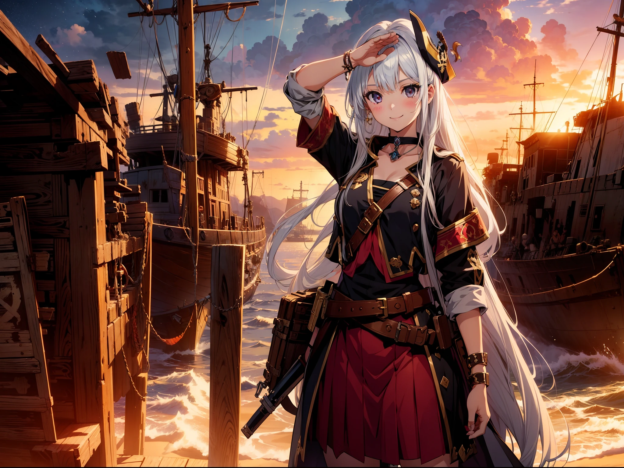 1 pirate girl,((Spiritual girl)),standing on shipwreck , character focus, cowboy shot, salute, cinematic lighting ,(smile), skirt, high resolution,(incredibly absurdres),anime visual,extremely detailed CG unity 8k wallpaper, ((masterpiece)), ((top-quality)), (beautiful illustration), ((an extremely delicate and beautiful))