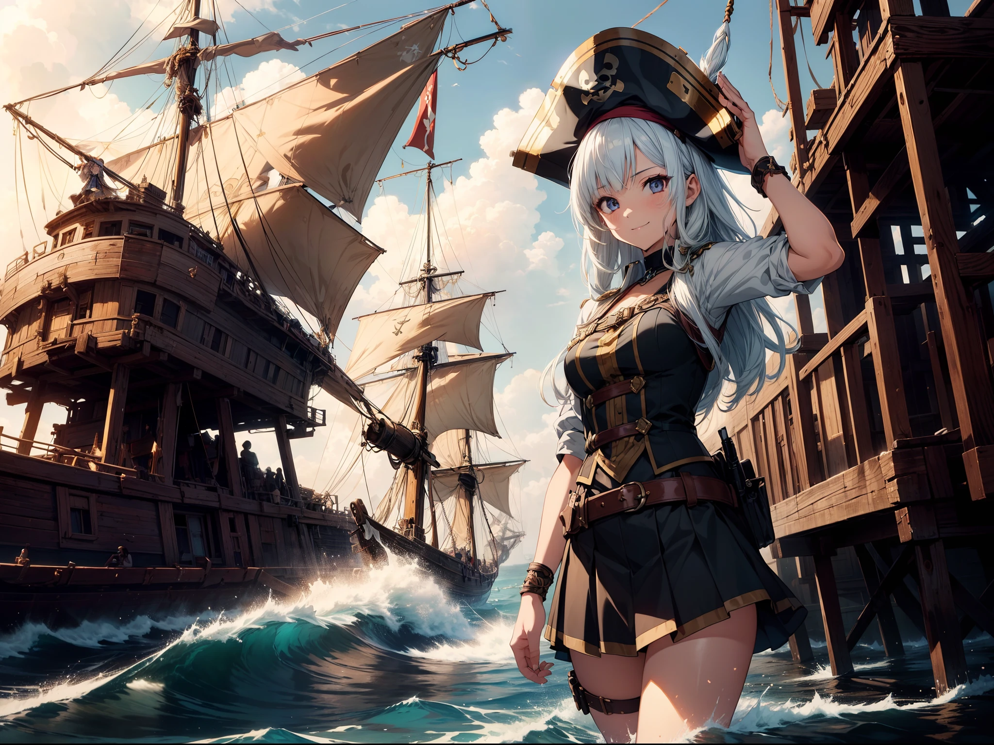 1 pirate girl,(( Spiritual body )),standing on shipwreck , character focus, cowboy shot, salute, cinematic lighting ,smile, skirt, high resolution,(incredibly absurdres),anime visual,extremely detailed CG unity 8k wallpaper, ((masterpiece)), ((top-quality)), (beautiful illustration), ((an extremely delicate and beautiful))