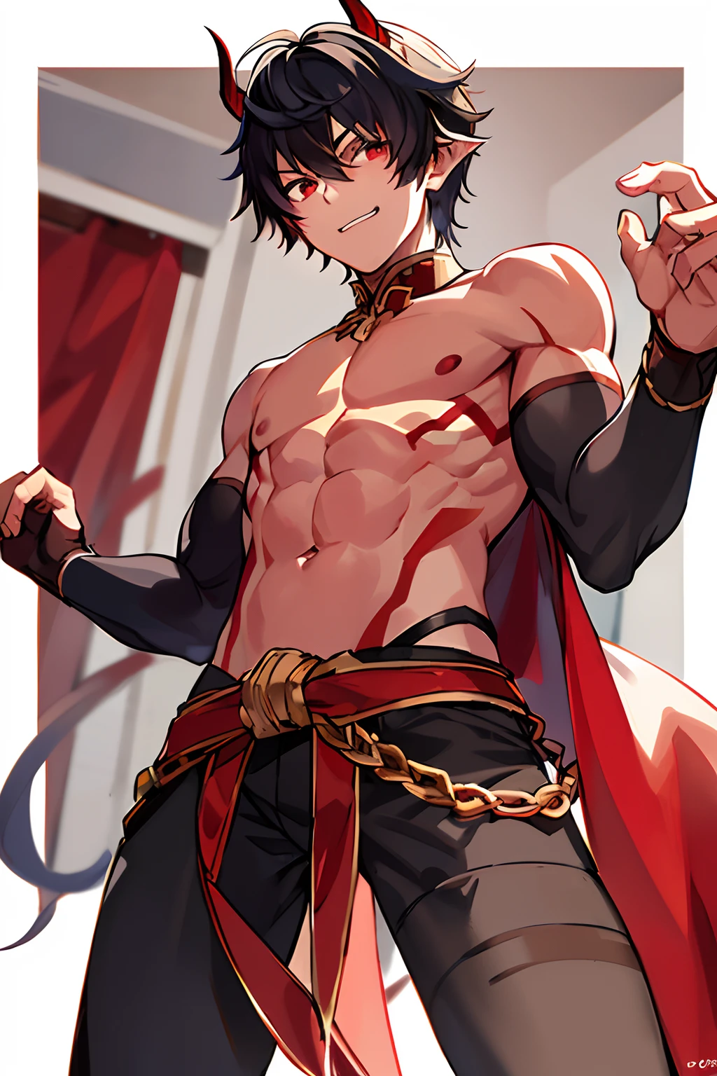1boy, Solo, muscular, muscular, Red Eyes, Medium Hair, Black hair, Man with horns on his head, Demon lord who fits male demons with white horns, oni horns, with horns, Red skin, Best Quality, High quality, masutepiece, professional novel illustration, ((20yr old)), Thin, Happy, (((From below)))gold,Feathered