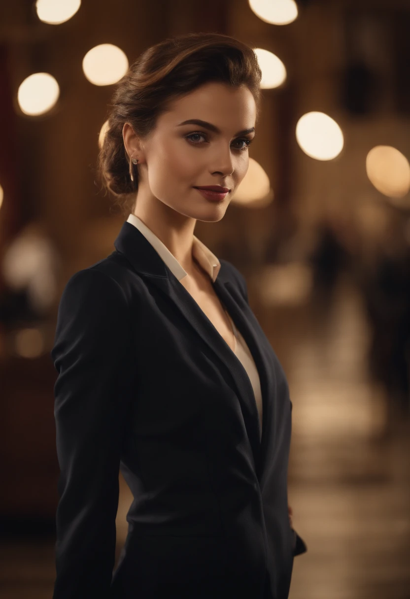 This young woman presents captivating charm on screen. She wears a suit jacket that combines elegance and seduction, dans une teinte de couleur distinctive qui attire l'attention. Her on-screen presence exudes a natural confidence and aura that sets her apart, making her a remarkable figure in the world of television. Avec des posture latterale