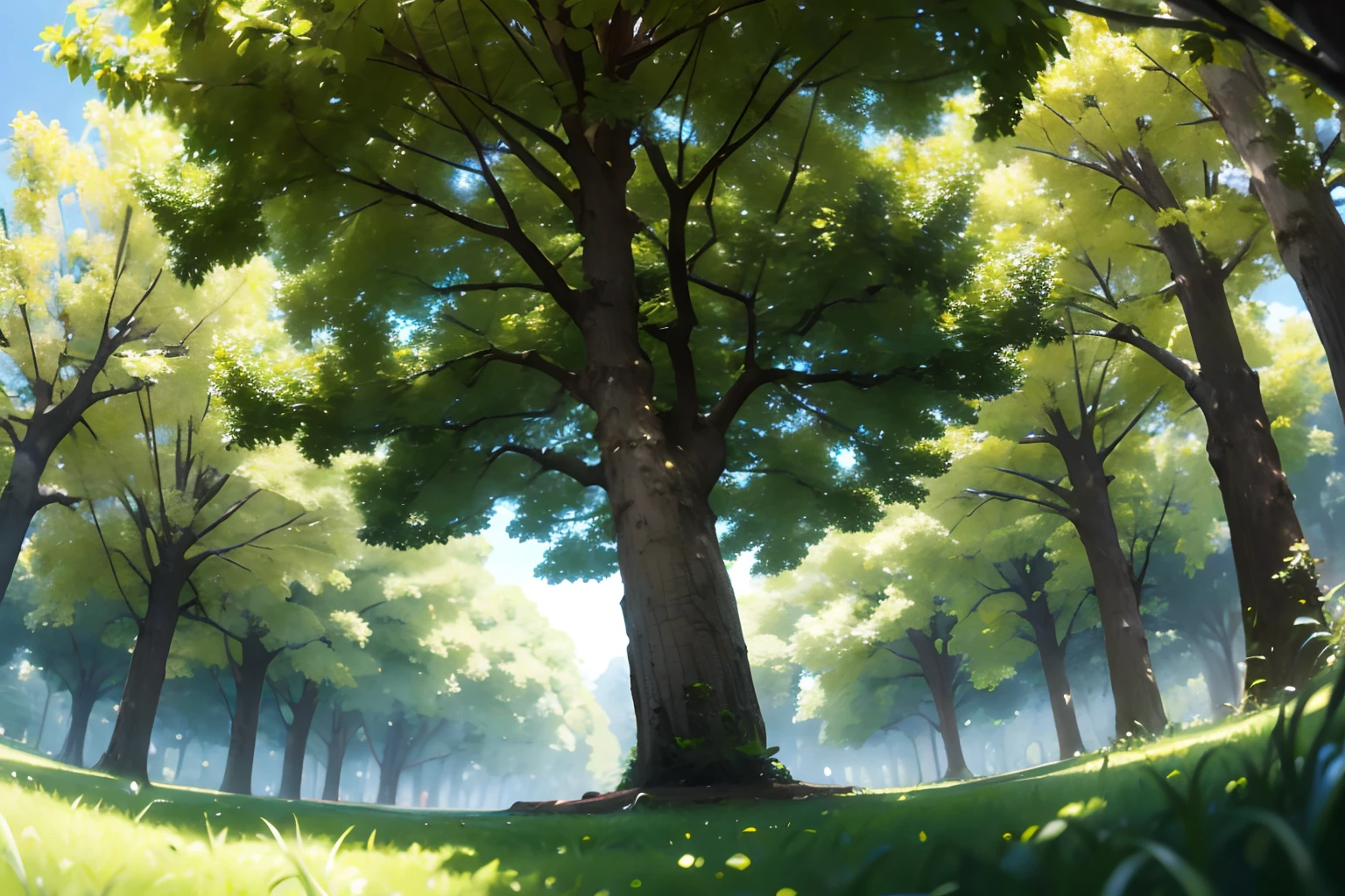 grass in shade under a treee, ((wide shot)), ((wide angle)), ((view from ground))