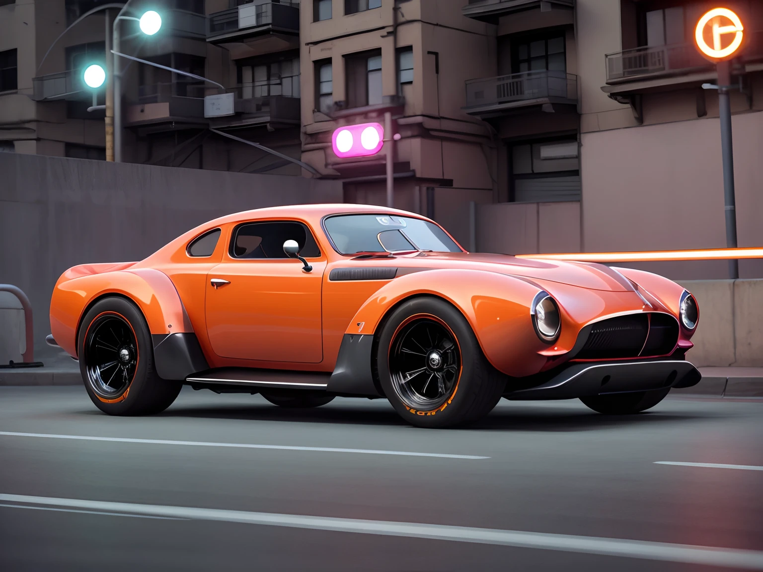 Aerodynamic futuristic concept car gliding through a city of neon lights in a retro 1940s style, with ((trailing light streaks)) illuminating its sleek curves.