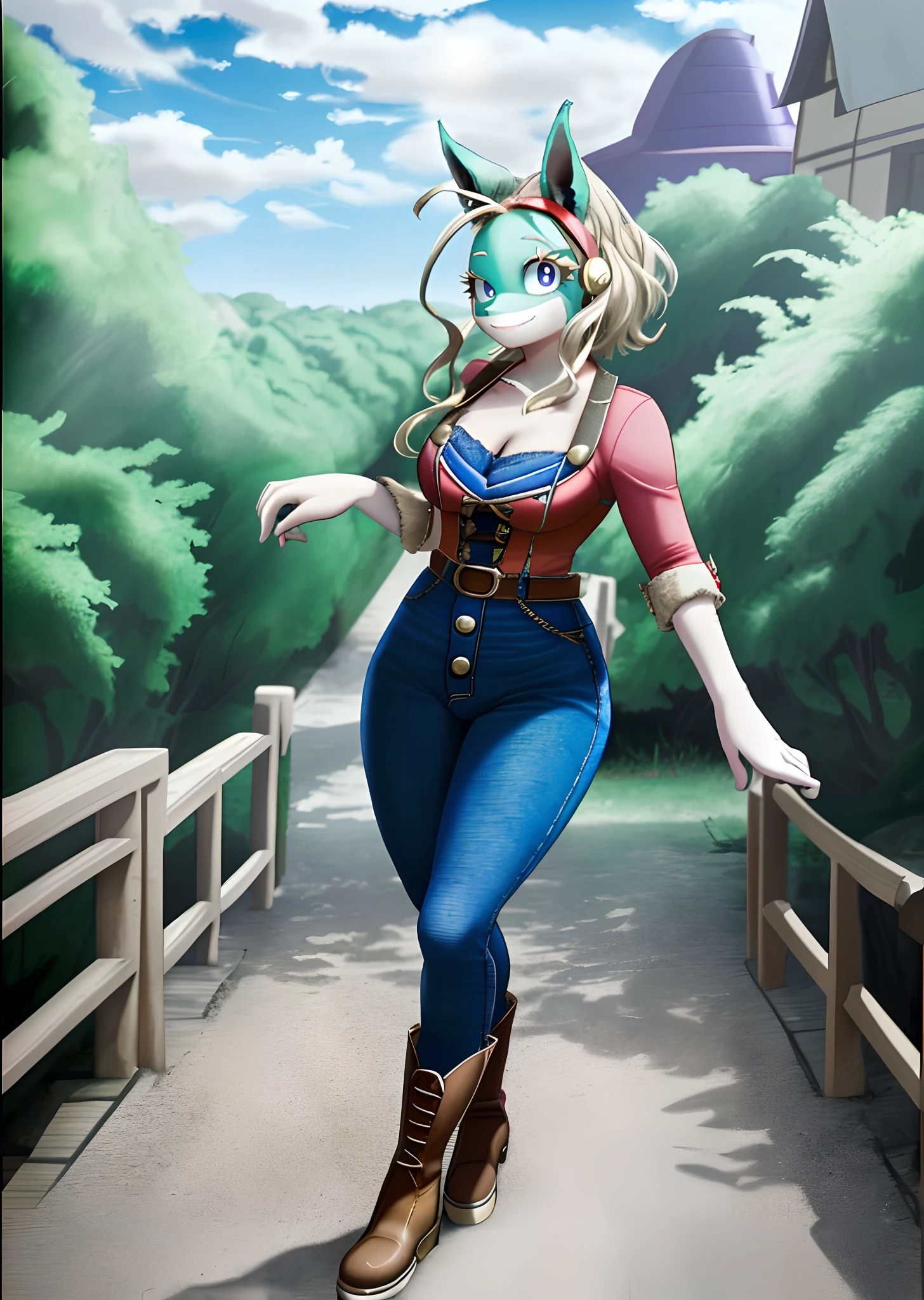 [ippan_josei], [Boku no hero academia], ((masterpiece)), ((HD)), ((high quality)), ((solo portrait)), ((full body)), ((shoes visible)), ((furry)), ((anime)), ((detailed shading)), ((intricate details)), {anthro; (tall slender body), (blue fur), (long bleach-blonde hair), (big cute purple eyes), (short white eyelashes), (gorgeous hips), (beautiful defined legs), (cute smile), (blushing)}, {(tight button-up red shirt), (cleavage), (tight black jeans), (red headband), (brown cowboy boots)}, {(standing), (pigeon-toed), (looking at viewer)}, [Background; (park), (blue sky), (sun rays)]