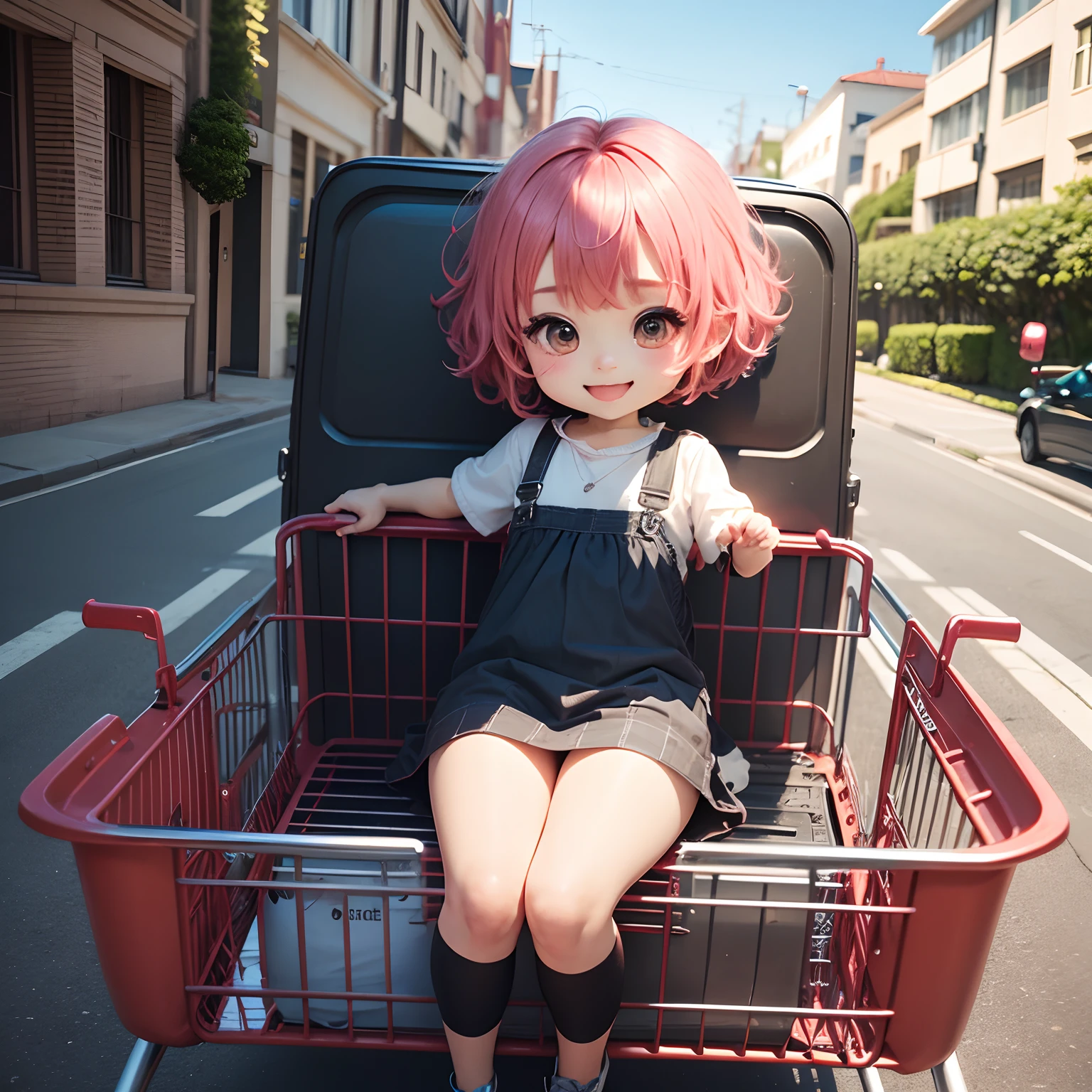 ​masterpiece、top-quality、ultra-detailliert、(Chibi Chara:1.2)、shopping cart、Stretch out your hands to heaven、Bursting smile、Lombard Street、Furious