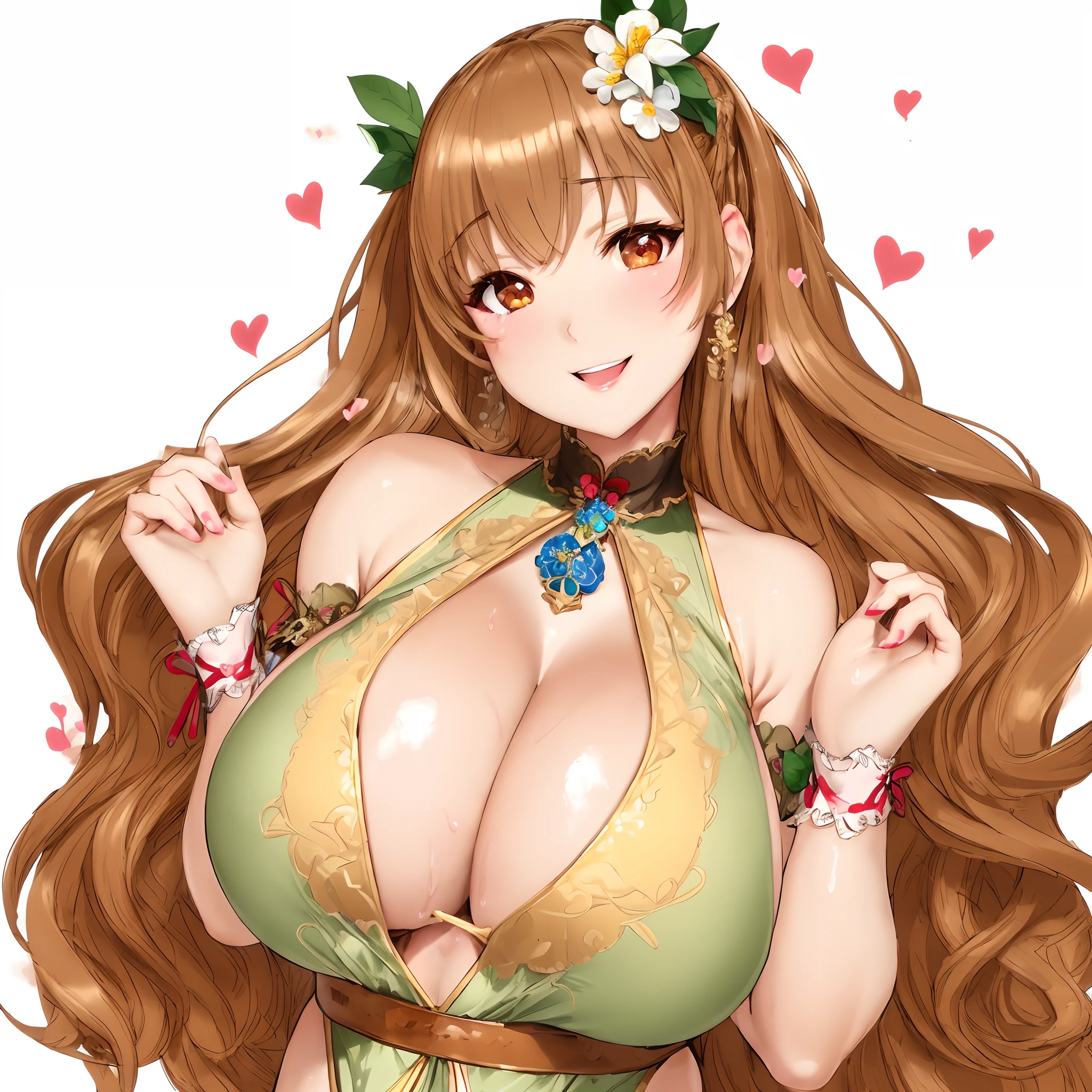 nsfw,masutepiece, Best Quality, High resolution,Solo,1girl in, Full body, Description Girls, detail hands,Detail fingers, Detail Face,cute face,detail legs, overdetailed art, Fine details,Huge breasts,Huge ass,steam,[Sweat],[[gleaming]],smile,double v sigh,heart prop,silk wear,flower garden