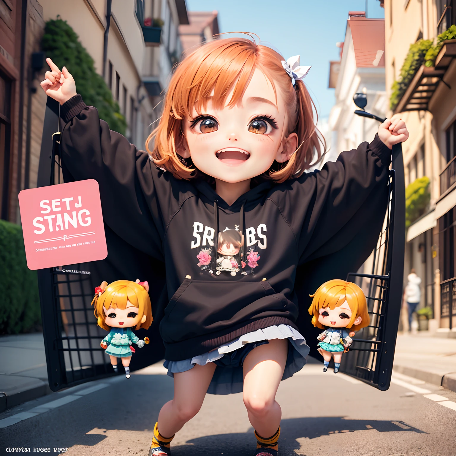 ​masterpiece、top-quality、ultra-detailliert、(Chibi Chara:1.2)、shopping cart、Stretch out your hands to heaven、Bursting smile、Lombard Street、Furious