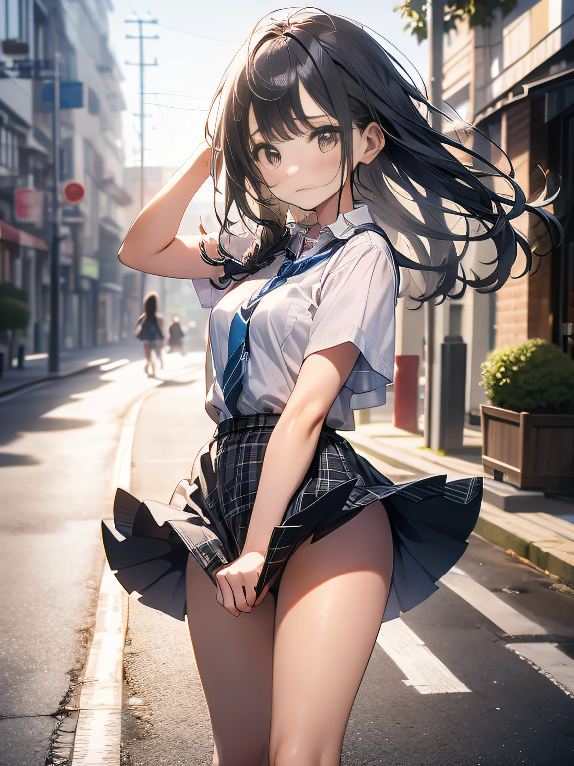 in 8K、top-quality、​masterpiece、ultra-detailliert、Ultra-high resolution、((1 persons))、girl with、校服、Braided hair、makeups、plaid skirts、heavy wind、((((Flip the skirt))))、(((panties on)))、View of the city