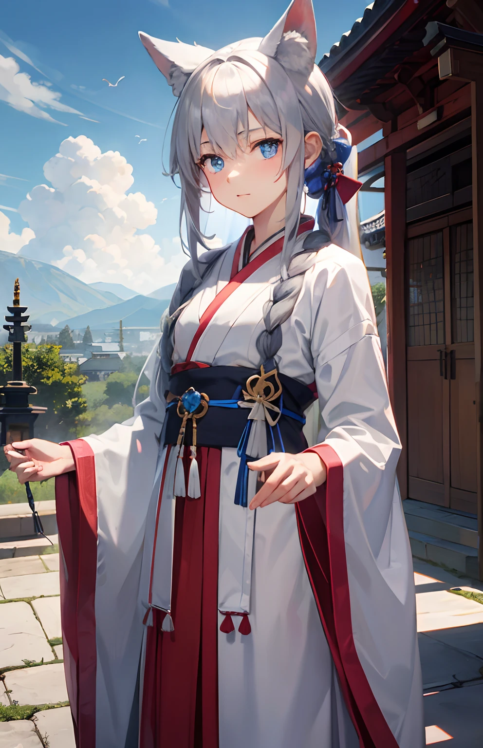 ​masterpiece,Top image quality,hight resolution,imagem 4k,Raw photo,Photorealsitic,{Solo},teens girl,silber hair,poneyTail,stare at each other,Blue eyes,小柄,Silver fox ears,Fox tail,shrines,Akahakama,,boyish,shrine maiden,Boom,Sweeping