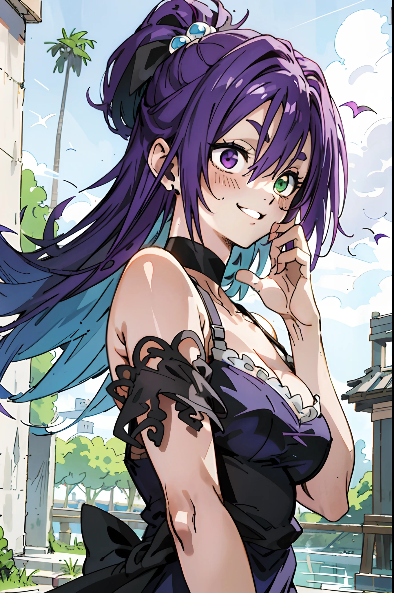 masutepiece, Best Quality, Ultra-detailed, Colorful,Up-close, Hyper-detailing,purple color hair, , Ultra-realistic hair quality, Vibrant colors, Beautiful long hair, shoulder-length hair, Shiny hair, detailed hairs, Hair Ribbon, Single-sided up, bow ribbon, Reo Mikage, Blue Lock, no sleeves, Sleeveless, Open shoulders, Cinderella, Panniers and Cinderella, Cinderella Dresses, Lace dress, long-one-piece dress, White tights and leggings, leggins, Lace Tights, Bare legged, Sandals, Brown sandals, gladiator sandals, Chest exposure, Lace underwear, Metamorphosis is exposed, Choker, Black Choker, complete fingers, Five Fingers, Two arms, Two hands, Sexy breasts, Scar, Big breasts, red blush, 1girl in, Solo, Sharp face, Heterochromia, Green eyes, Purple eyes, Bare neck, Happy face, rays of sunshine, Brave Sky, shining sky, Village of Shanghai, Slums, crouching down, Wave and smile