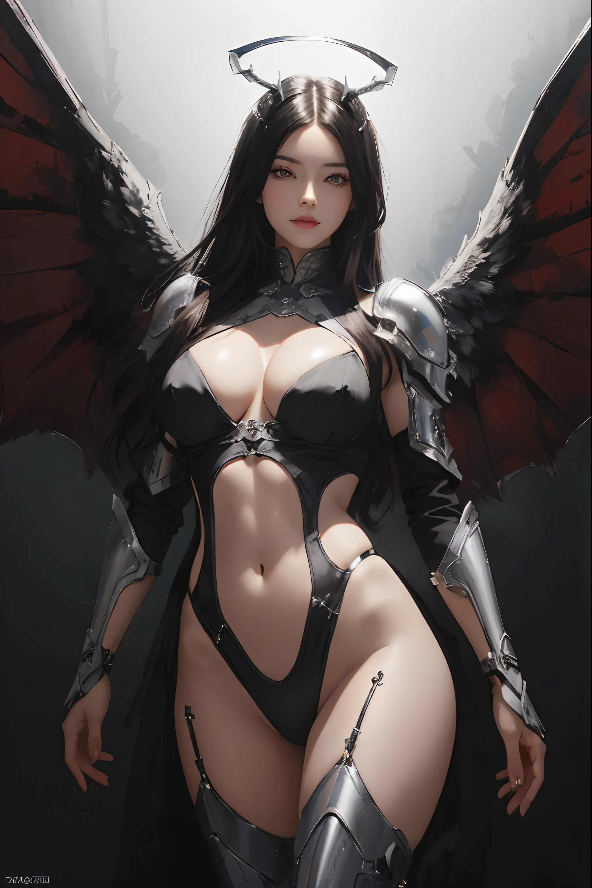 a close up of a woman in a black outfit with wings, villainess has black angel wings, beautiful succubus, by Yang J, angel knight girl, ig model | artgerm, extremely detailed artgerm, succubus | medieval, beautiful cyborg angel girl, angel knight gothic girl, dark angel, succubus, fanart best artstation, big breasts, beautiful face, dark horn, big boobs, long hair