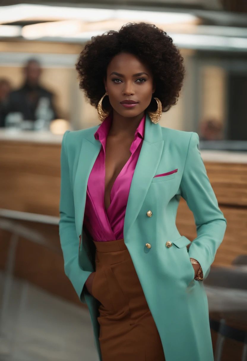 This young black woman presents a spellbinding charm on screen. She wears a very sexy jacket that combines elegance and seduction, dans une teinte de couleur distinctive qui attire l'attention. Her on-screen presence exudes a natural confidence and aura that sets her apart, which makes her a remarkable figure in the world of television. Avec des posture latterale