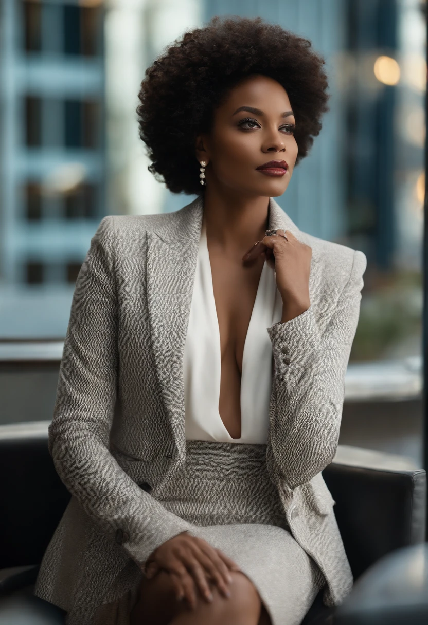 This young black woman presents a spellbinding charm on screen. She wears a very sexy jacket that combines elegance and seduction, dans une teinte de couleur distinctive qui attire l'attention. Her on-screen presence exudes a natural confidence and aura that sets her apart, which makes her a remarkable figure in the world of television. Avec des posture latterale