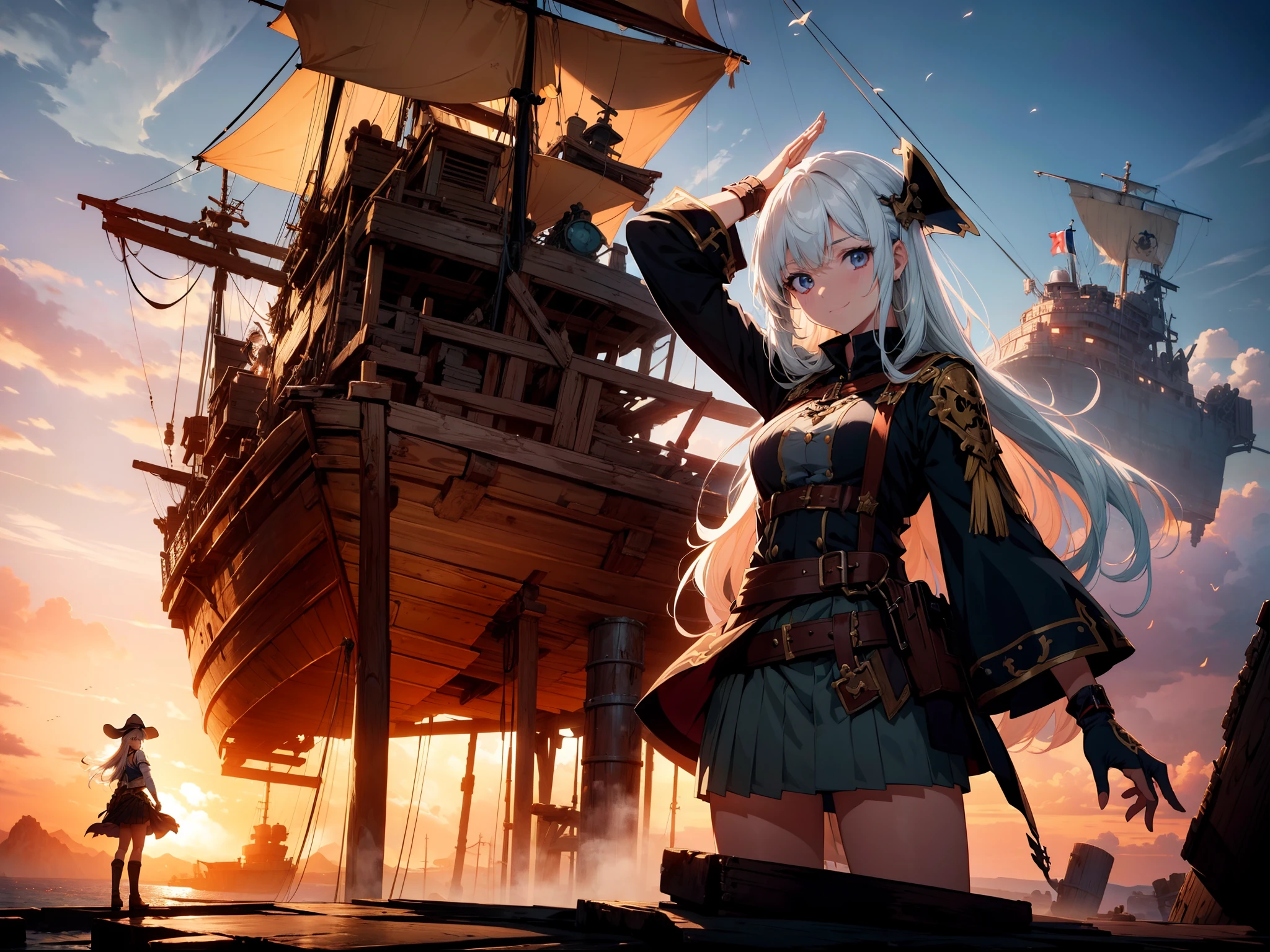 1 ghost pirate girl, standing on shipwreck , character focus, cowboy shot, salute, cinematic lighting ,smile, skirt, high resolution,(incredibly absurdres),anime visual,extremely detailed CG unity 8k wallpaper, ((masterpiece)), ((top-quality)), (beautiful illustration), ((an extremely delicate and beautiful))