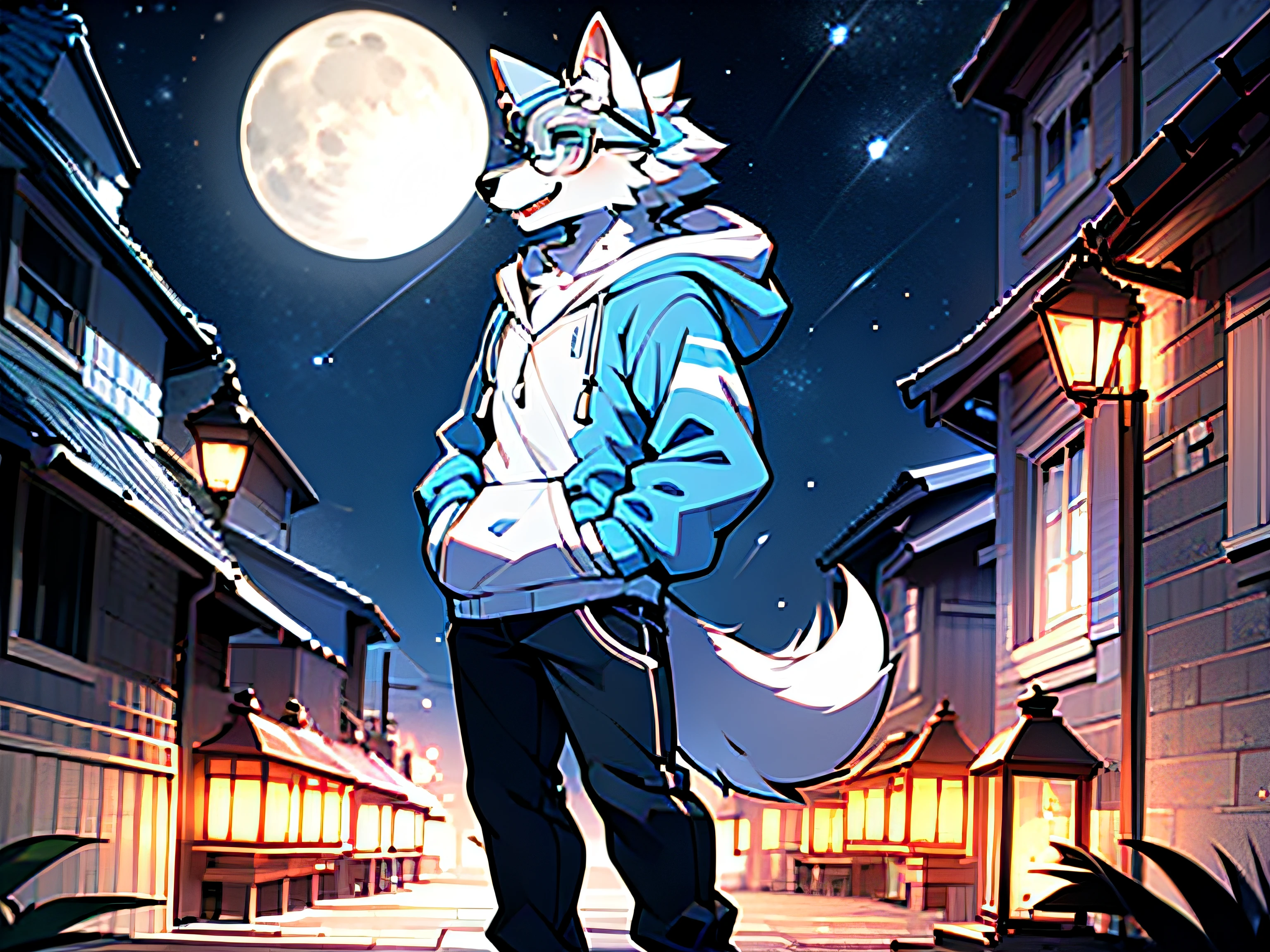 (single person:1.3), wolf orc, spotless, male, (adult:1.05), (tall:1.3), dark gray fur on the back, short hair, (detailed square rounded glasses:1.3), wolf ears, light gray ear roots, (light red ear tips:1.2), concave right ear, deep blue pupils, furry wolf tail, dark gray tail roots, white tail tips, dark gray big arms, white small arms, four limbs wolf sharp white claws, 4 white fingers, 4 white toes, (sky blue hoodie:1.5), black pants, standing, laughing with open mouth, look up to the sky, outdoor, night, dark sky, (distant mountain:1.2), (modern city:1.2), (wide rooftop:1.2), (streetlights:1.05), (dark sky:1.3), (full moon:1.3), close-up, full body, view of left side, best quality, excellent masterpiece, clear lines, background of details, (extremely detailed characters:1.2)