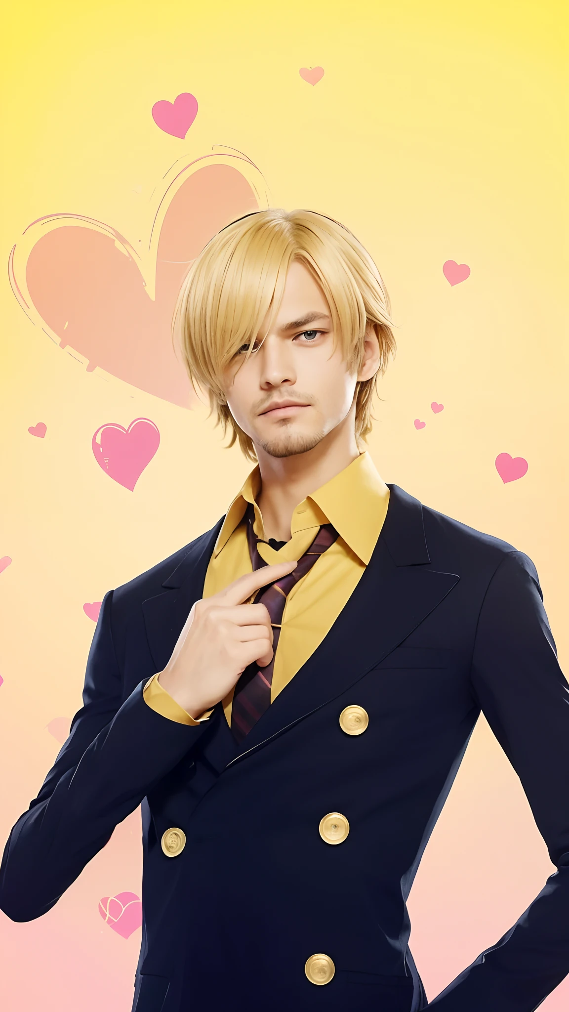 a young man with a thin but sturdy build, long legs and blonde hair. Sanji's characteristic is his blonde hair that flows down his face to cover one eye. His hair style shows his left eye while covering his right eye. Another characteristic is that the eyebrows are spiral shaped, but each eyebrow has a different tip. The right eyebrow forms a spiral at the tip while the left eyebrow forms a spiral at the base. Sanji's dressing style is similar to that of an office person. In general he wears a black suit with a shirt and tie of various colors; usually orange, blue or black, with or without pinstripes and black office shoes. He also sports a thin beard that is neatly arranged from below his lip. His neck looked stronger and he wore a black suit