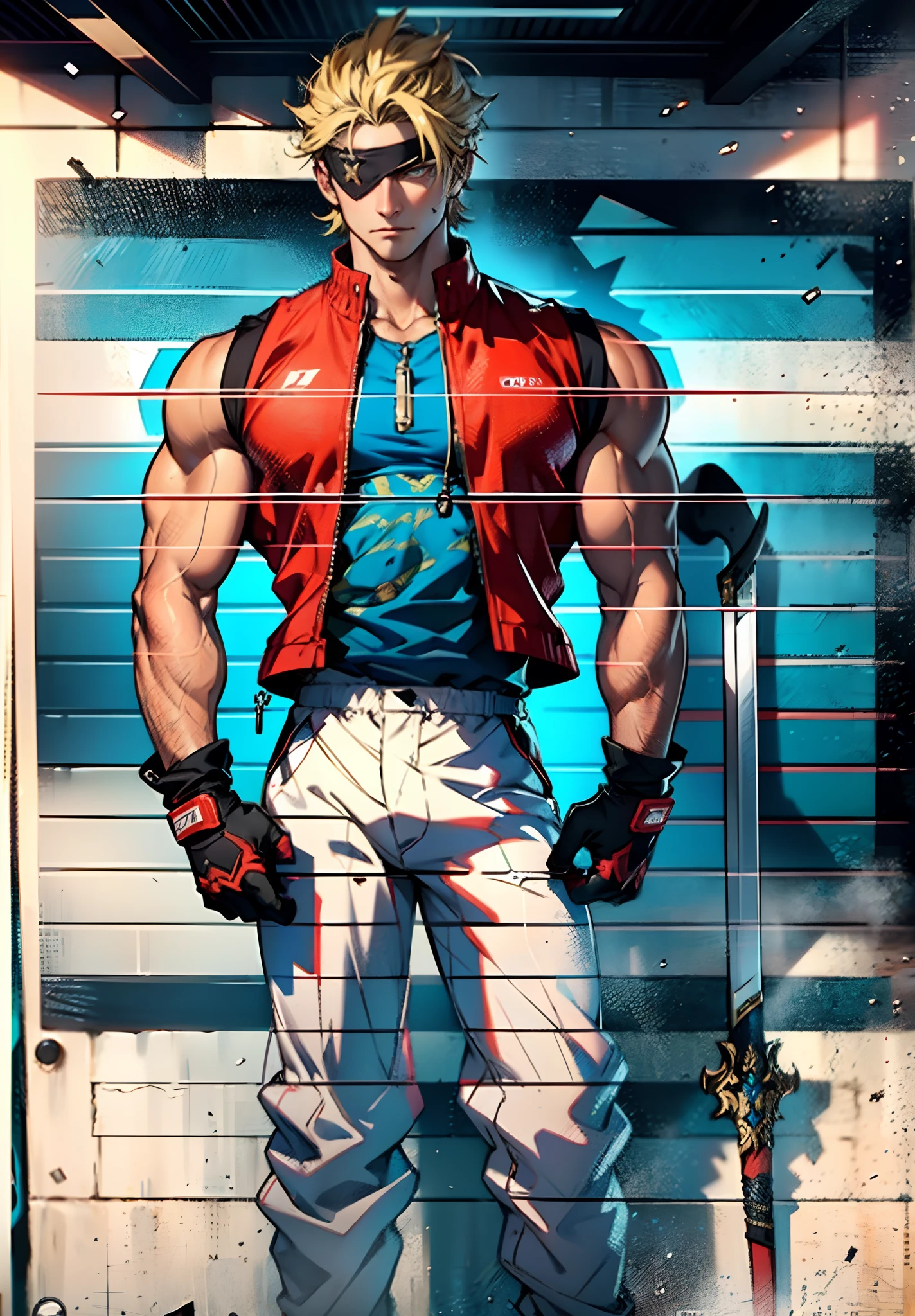 A young man with short golden hair, hair standing upright, an eye patch over his right eye, a serious expression, a deep gaze, well-defined facial features, a two-piece sleeveless vest in a fantasy-modern style, color scheme primarily features shades of orange-red, with yellow and blue as secondary colors, wears gloves, loose-fitting utility pants, a long straight sword with a demon face decoration, the background depicts a cracked land, with rubble floating in the air, this character embodies a finely crafted fantasy-realism style one-eyed warrior in anime style, characterized by an exquisite and mature manga illustration art style, ghigh definition, best quality, highres, ultra-detailed, ultra-fine painting, extremely delicate, professional, anatomically correct, symmetrical face, extremely detailed eyes and face, high quality eyes, creativity, RAW photo, UHD, 8k, Natural light, cinematic lighting, masterpiece:1.5