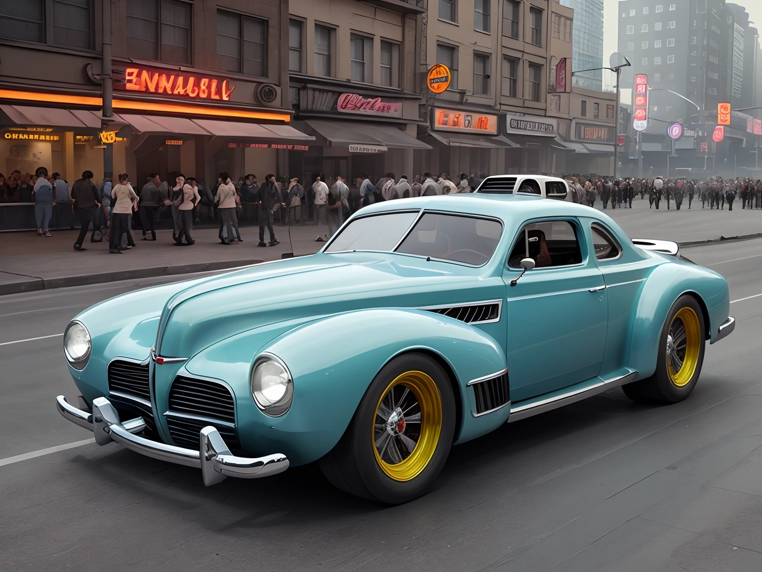 Aerodynamic futuristic concept car gliding through a city of neon lights in a retro 1940s style, with ((trailing light streaks)) illuminating its sleek curves.