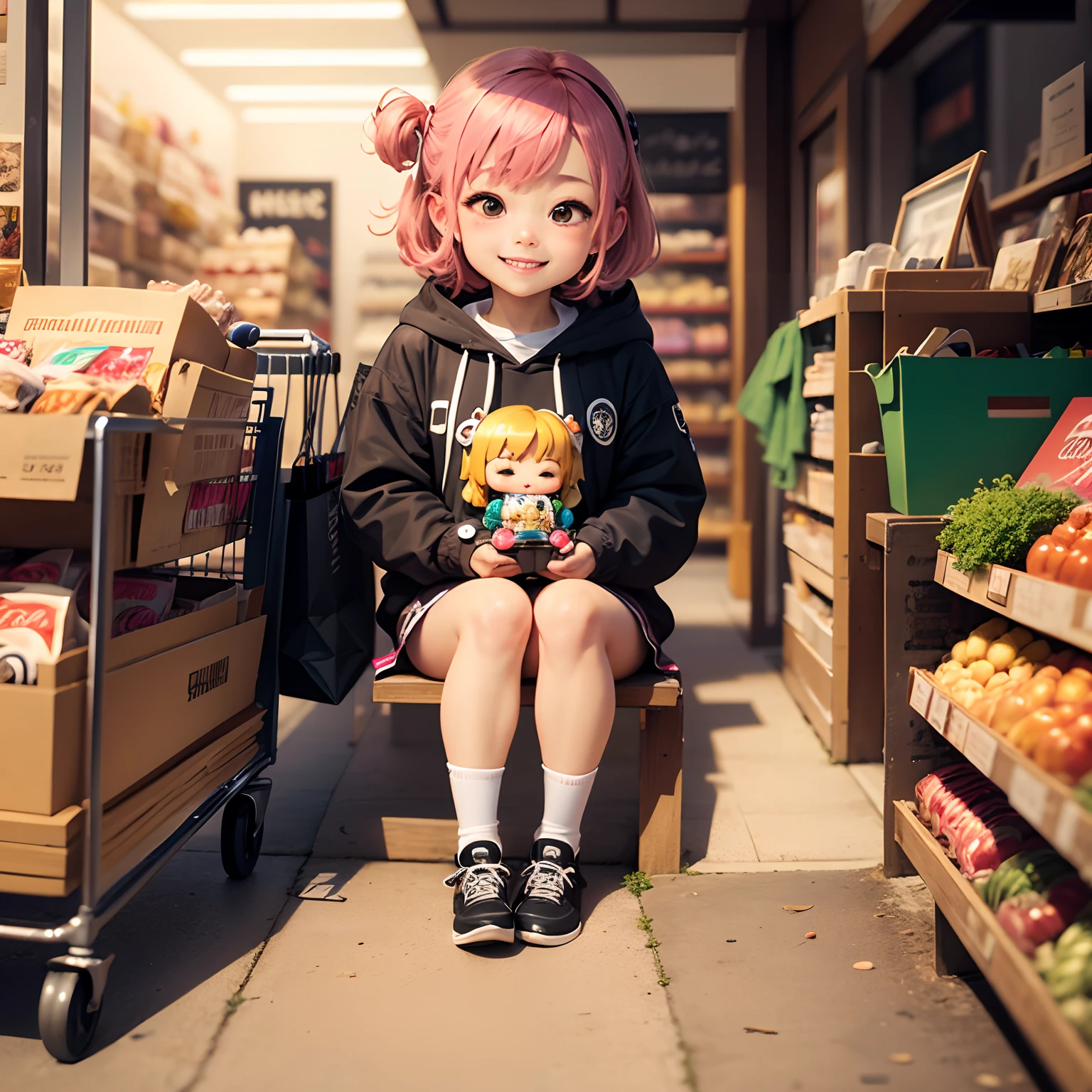 masterpiece、top-quality、ultra-detailliert、(Chibi Chara:1.2)、Sit in shopping cart、The finest smile、Lombard Street、run