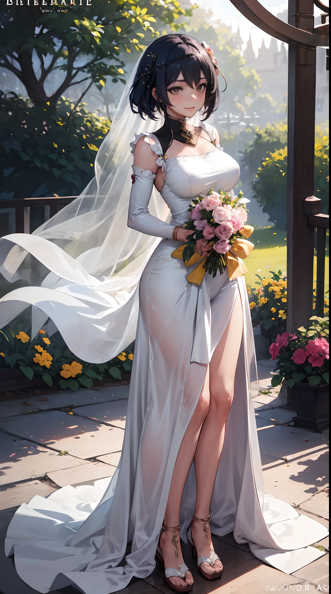 Kujou Sara | genshin impact, master-piece, bestquality, 1girls,25 years old, proportional body, proportional., Wedding Dresses, White Wedding Dress, Long skirt, wedding, ,bara, Standing in the middle of a flower garden, outdoor, wedding, The sky is beautiful, In a paradise of love and happiness.........................................................., The bride wears a Japanese dress and a seductive smile.........................................................., The passage of time stops at theirs.........................................................., On this wedding day of love and happiness.........................................................., Bright and beautiful flowers, Holding it in her hands symbolizes the envelopment of love.........................................................., Love and friendship through the transmission of flowers, In a paradise of love and happiness.........................................................., A bride in a yukata wearing a masika.........................................................., It is a form of beauty and elegance.........................................................., Show your spouse your heart........................................................., In a paradise of love and happiness.........................................................., Kochikugisa is the tree of new beginnings.........................................................., And their love and affection......................................................., And suck a lot of love.........................................................., Flowers represent love and peace.........................................................., In a paradise of love and happiness.........................................................., View viewers from the front., Thigh strap, Head tilt, bored, 10, 10, HD, slight smile,