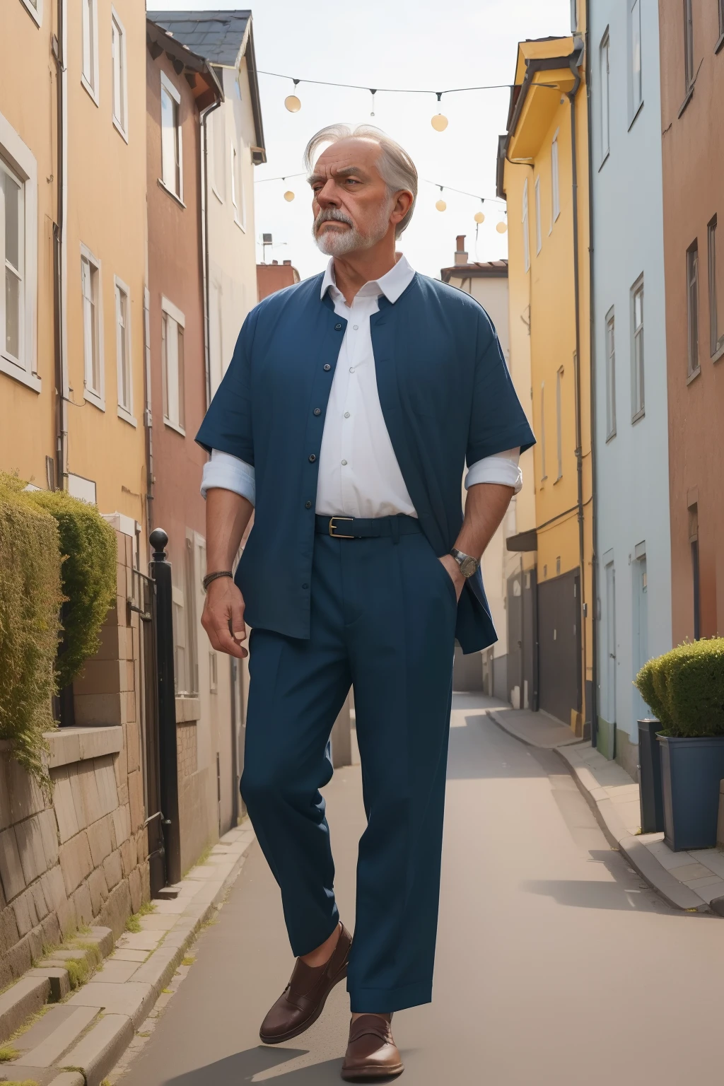 year: 2023. Location: Sweden. Pre-Raphaelite scene with a 59-year-old man, ((clean classic look)), ((grumpy)) ((strict)), watching a cat, standing in the street, terraced houses, ((((Clothing from the 2020s, shirt and trousers)))) ((Hairstyle of the 2020s)), (((in the style of "OMITB")))