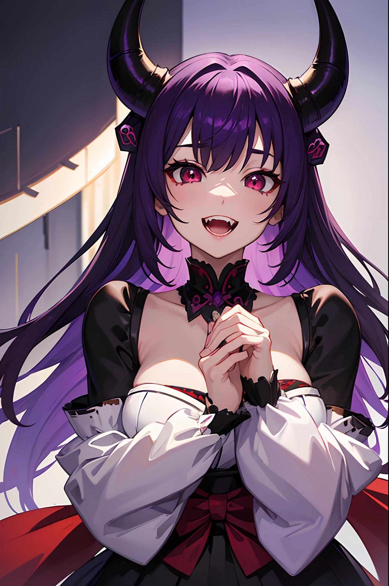 masterpiece,(bestquality),highlydetailed,ultra-detailed, dark, (Japanese demon), (horns), {purple hair:red eyes:0.8}, (maniacal laughter), (1girl)