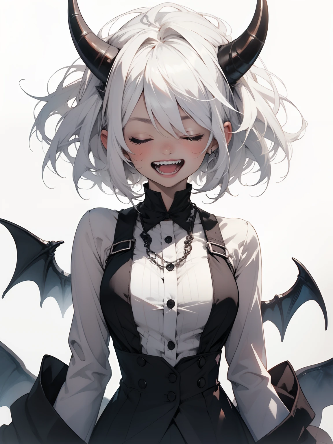 1girl, arms under breasts, black horns, buttons, closed eyes, demon girl, horns, limited palette, open mouth, painting \(medium\), sharp teeth, short hair, smile, teeth, traditional media, watercolor \(medium\), white background, white hair