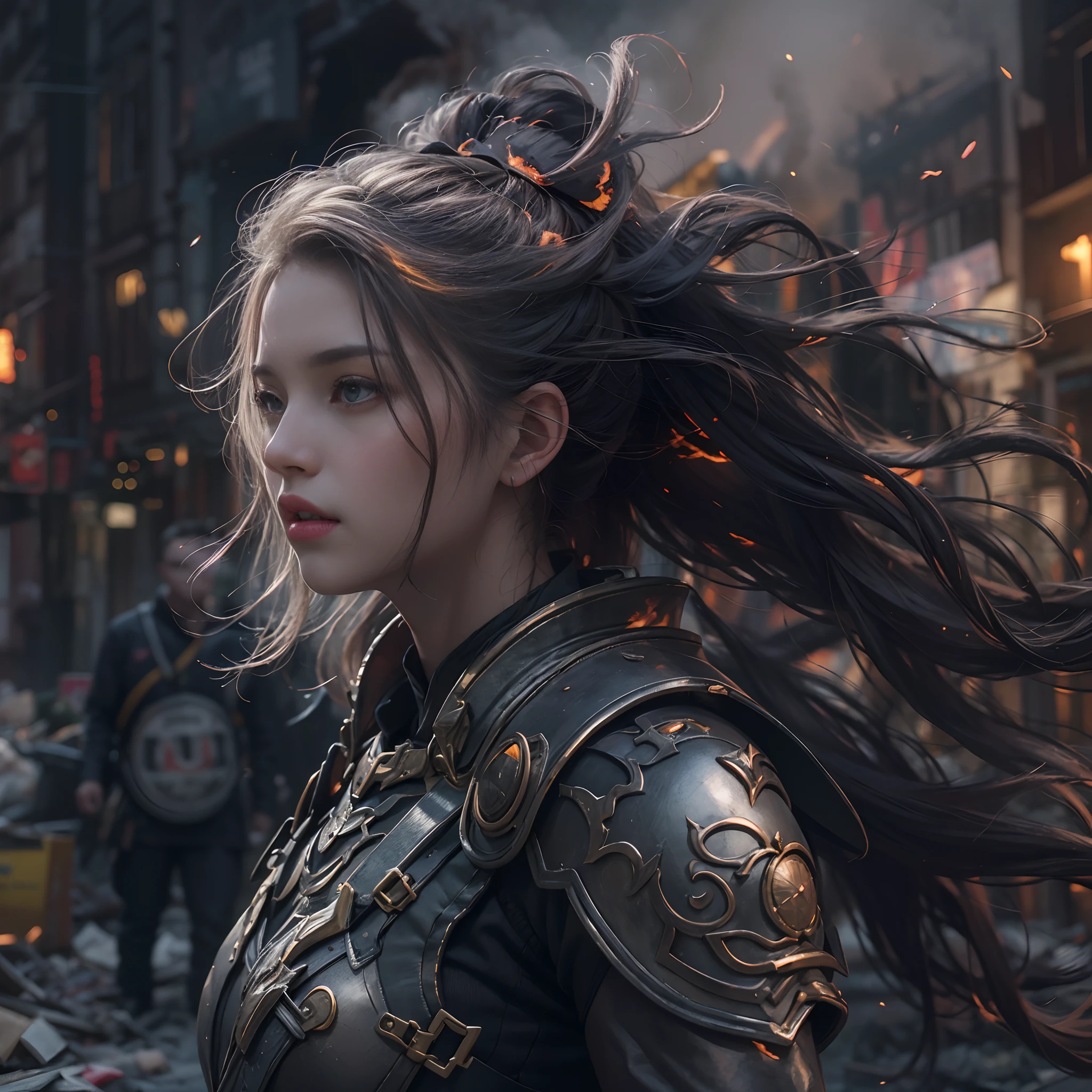 8k, top-quality, （pubic hair beauty）、hight resolution, realisticlying, realperson, A hero wearing glowing armor fighting black smoke and assimilated monsters、The hero is a woman in a building street where fire and smoke rise、The building is collapsing