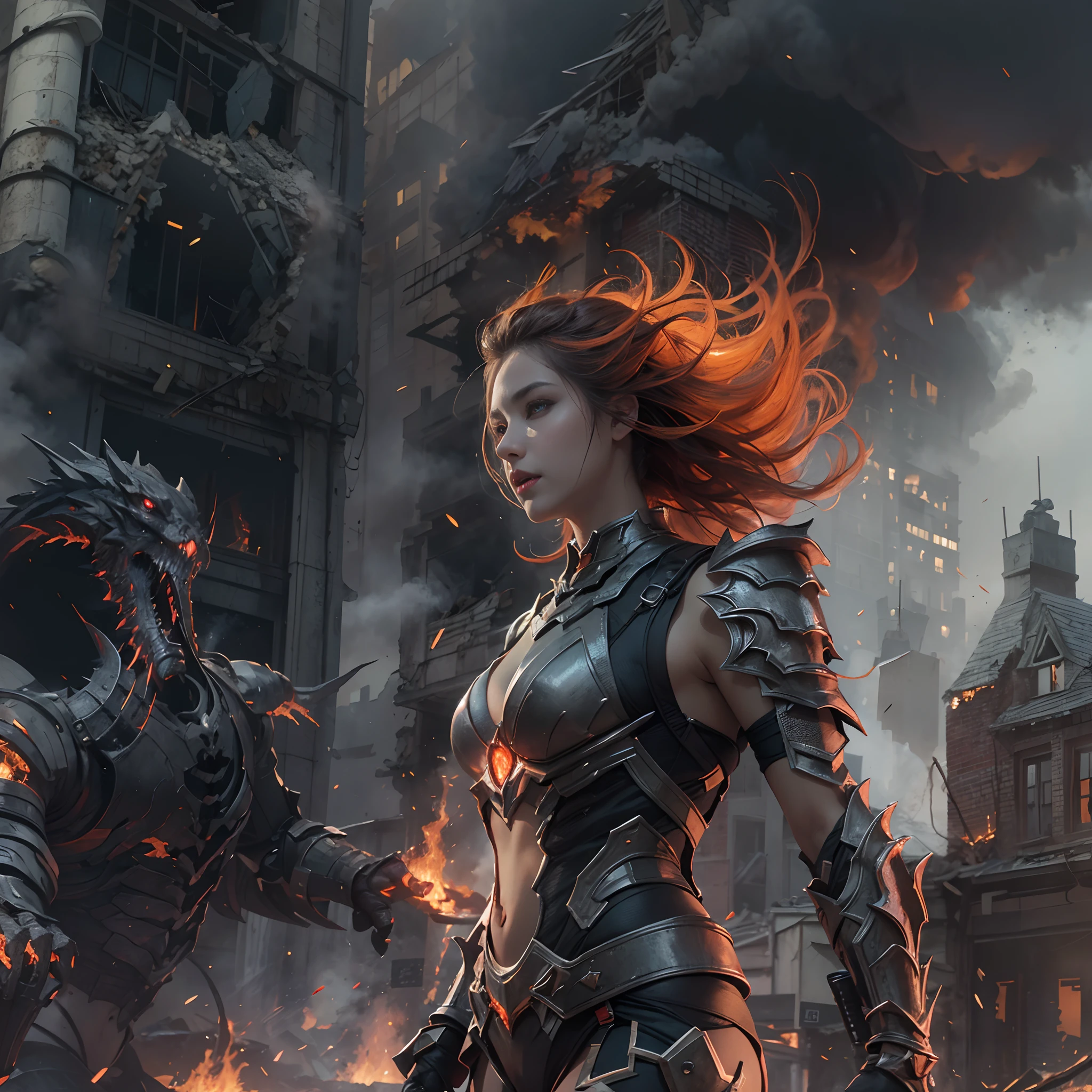 8k, top-quality, (pubic hair beauty)、hight resolution, realisticlying, realperson, A hero wearing glowing armor fighting black smoke and assimilated monsters、The hero is a woman in a building street where fire and smoke rise、The building is collapsing