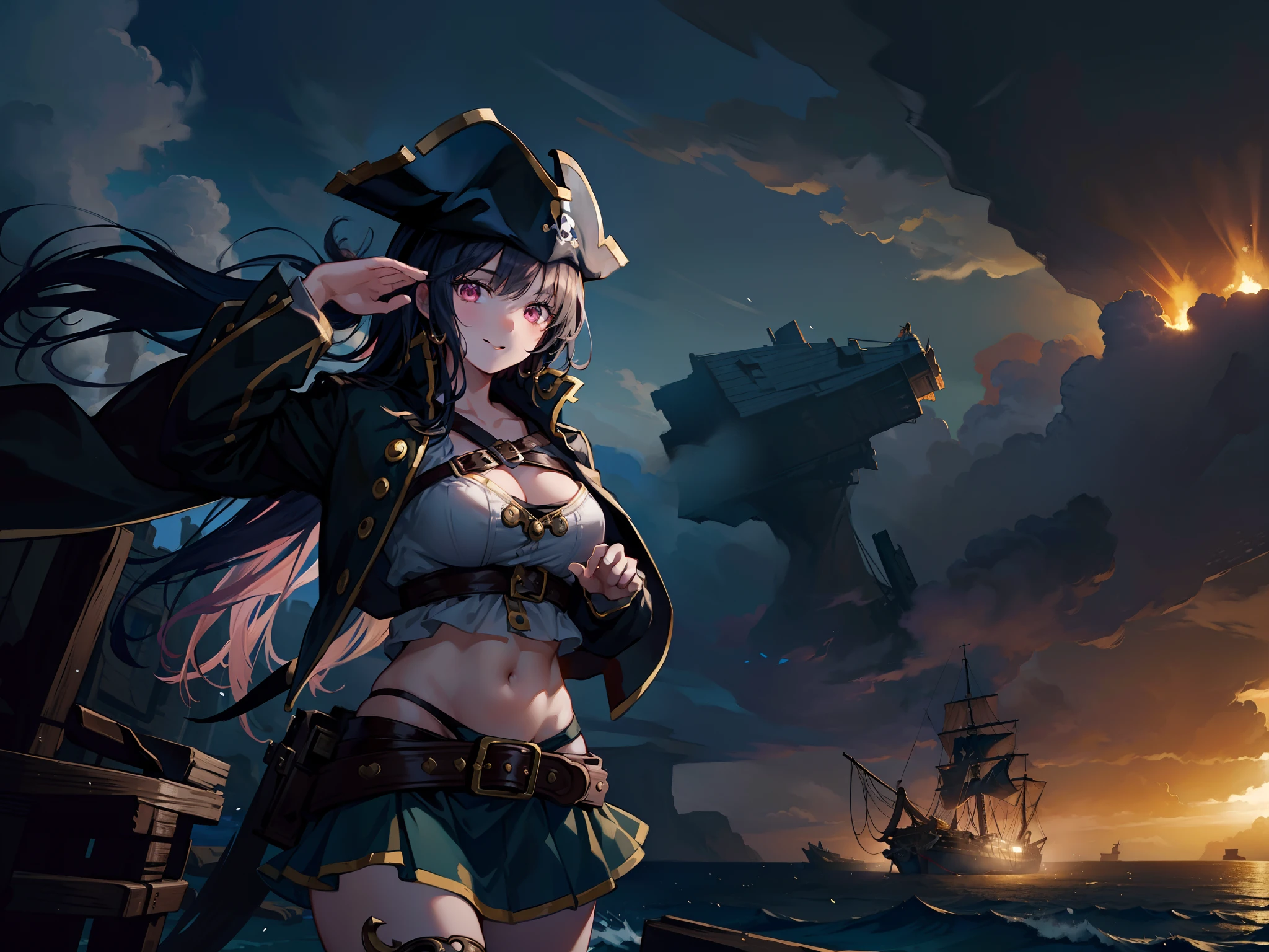 1 pirate girl,(( Spiritual body )),standing on shipwreck , character focus, cowboy shot, salute, cinematic lighting ,smile, skirt, high resolution,(incredibly absurdres),anime visual,extremely detailed CG unity 8k wallpaper, ((masterpiece)), ((top-quality)), (beautiful illustration), ((an extremely delicate and beautiful))