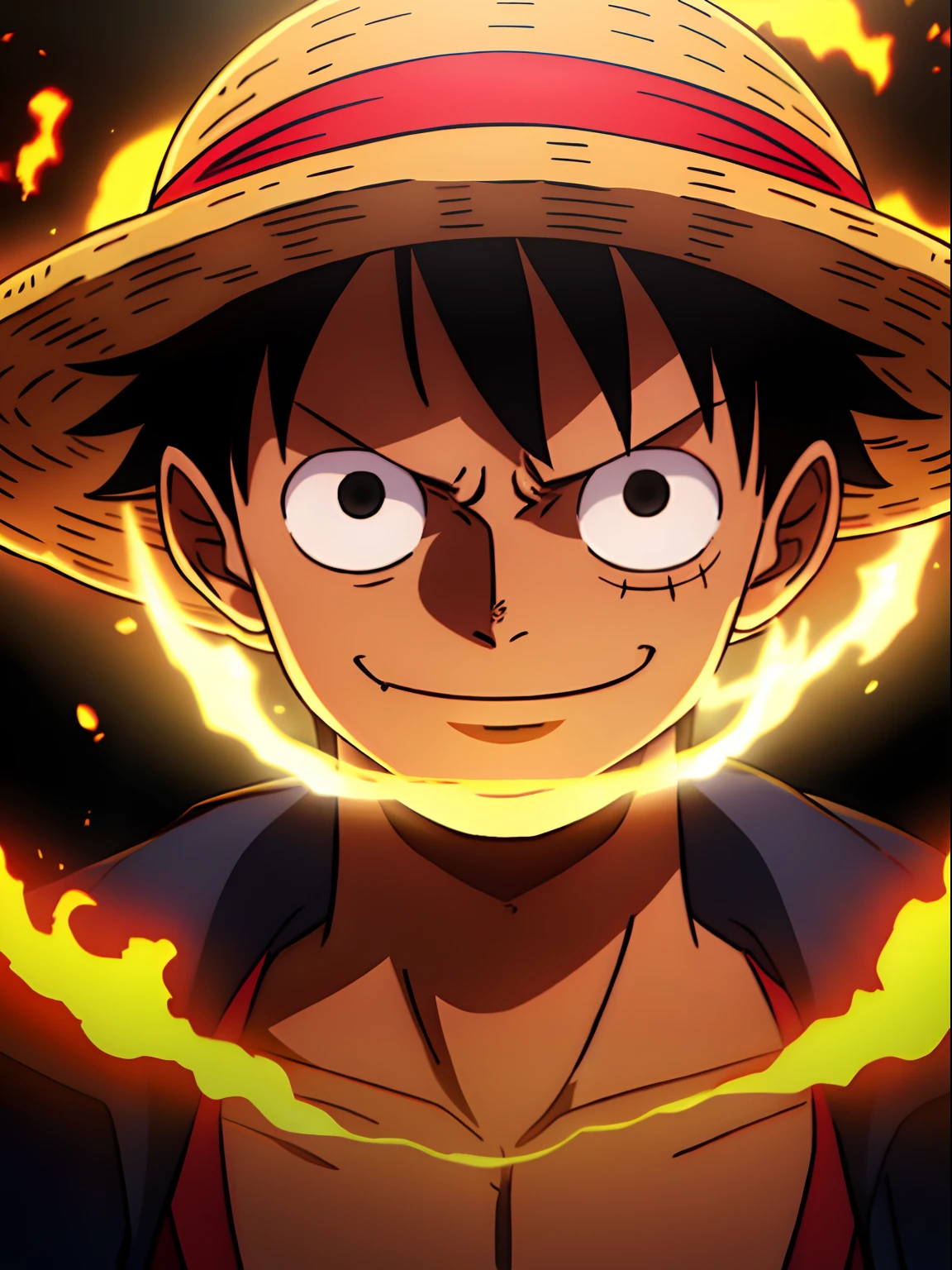 1boy, wanostyle, monkey d luffy, smiling, straw hat, looking at viewer, solo, upper body, ((masterpiece)), (best quality), (extremely detailed), depth of field, sketch, dark intense shadows, sharp focus, soft lighting, hdr, colorful, good composition, fire all around, spectacular, closed shirt, anime screencap, scar under eye, ready to fight, black eyes