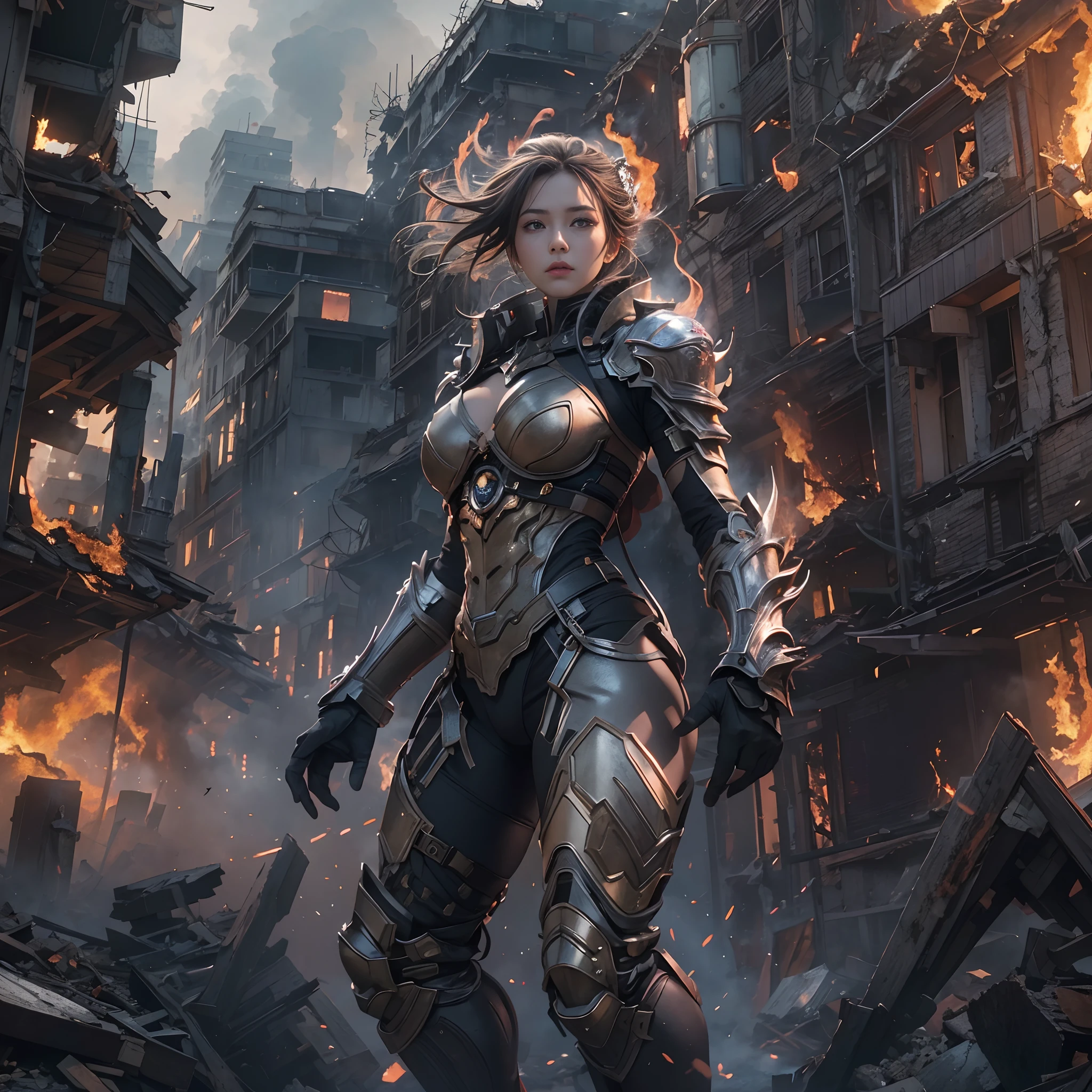 8k, top-quality, (pubic hair beauty)、hight resolution, realisticlying, realperson, A hero wearing glowing armor fighting black smoke and assimilated monsters、The hero is a woman in a building street where fire and smoke rise、The building is collapsing