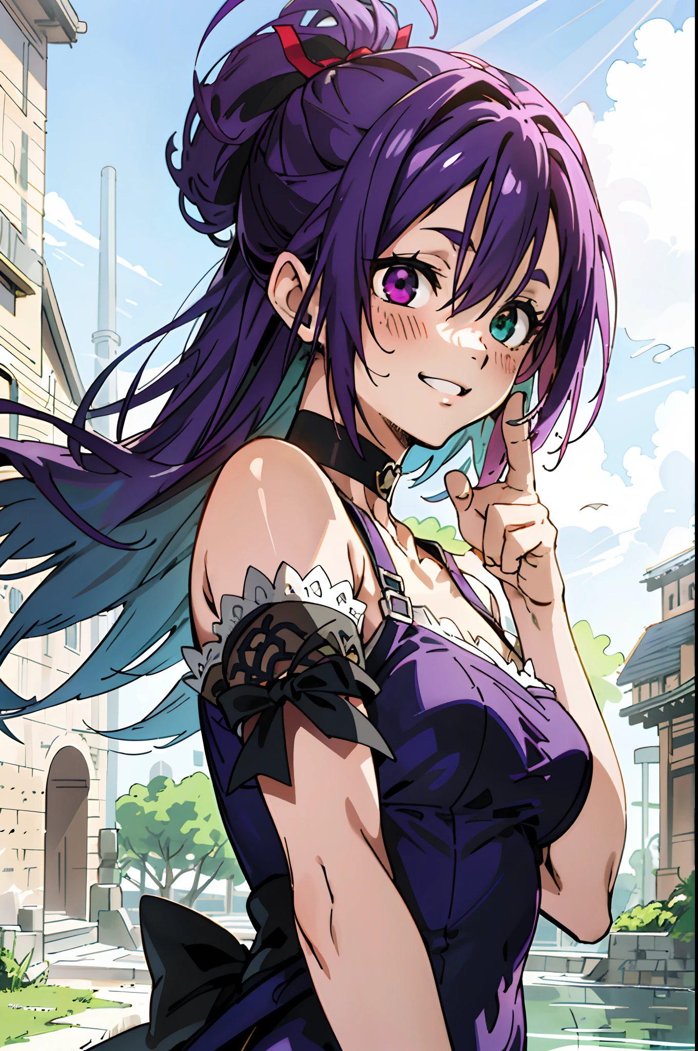 masutepiece, Best Quality, Ultra-detailed, Colorful,Up-close, Hyper-detailing,purple color hair, , Ultra-realistic hair quality, Vibrant colors, Beautiful long hair, shoulder-length hair, Shiny hair, detailed hairs, Hair Ribbon, Single-sided up, bow ribbon, Reo Mikage, Blue Lock, no sleeves, Sleeveless, Open shoulders, Cinderella, Panniers and Cinderella, Cinderella Dresses, Lace dress, long-one-piece dress, White tights and leggings, leggins, Lace Tights, Bare legged, Sandals, Brown sandals, gladiator sandals, Chest exposure, Lace underwear, Metamorphosis is exposed, Choker, Black Choker, complete fingers, Five Fingers, Two arms, Two hands, Sexy breasts, Scar, Big breasts, red blush, 1girl in, Solo, Sharp face, Heterochromia, Green eyes, Purple eyes, Bare neck, Happy face, rays of sunshine, Brave Sky, shining sky, Village of Shanghai, Slums, crouching down, Wave and smile