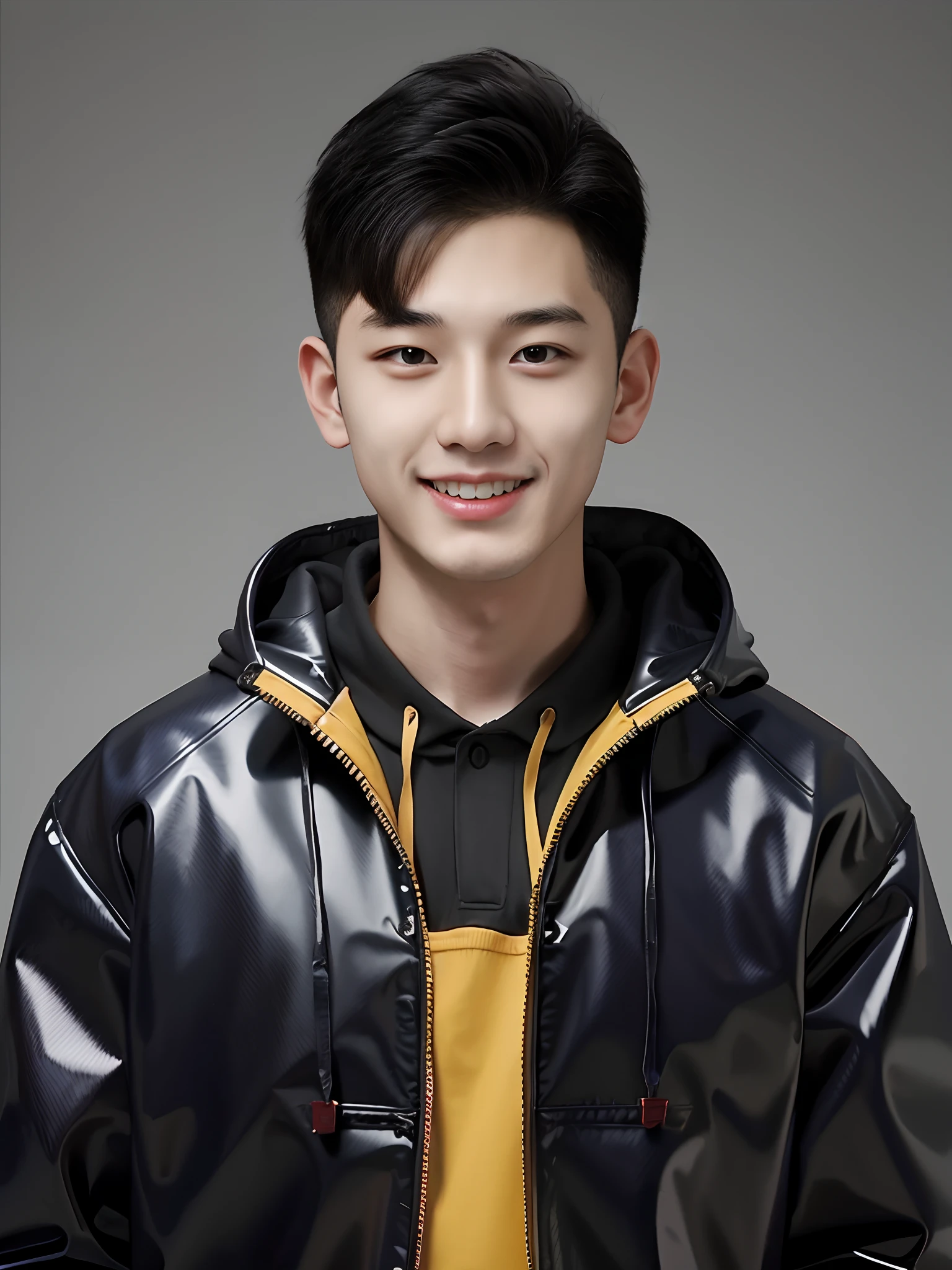 A Chinese male high school student,Wearing a red PVC sweatshirt RegentCovelle Logo