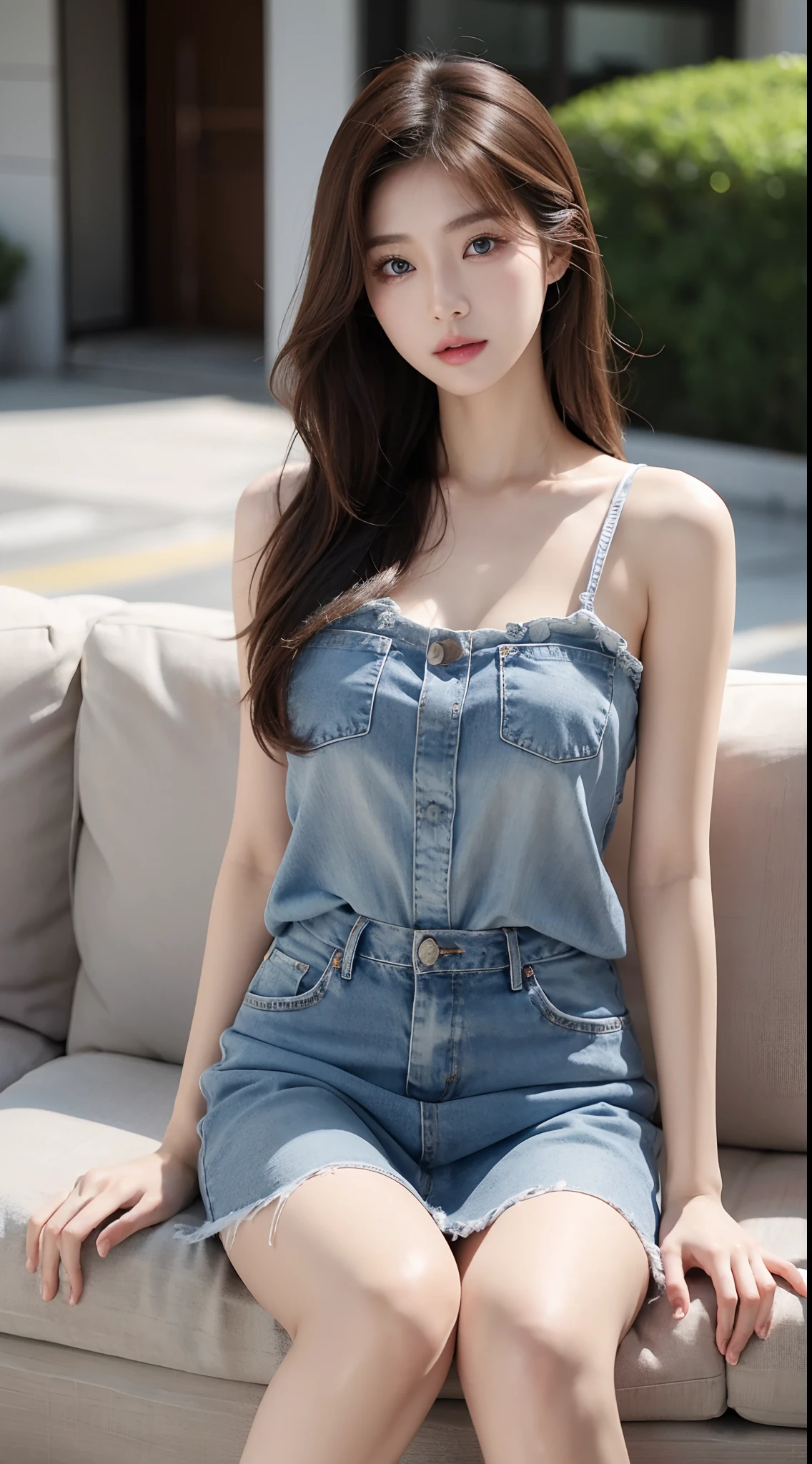 She is a very beautiful Korean woman、She is a fashion model、Blue Eyes、Brown hair